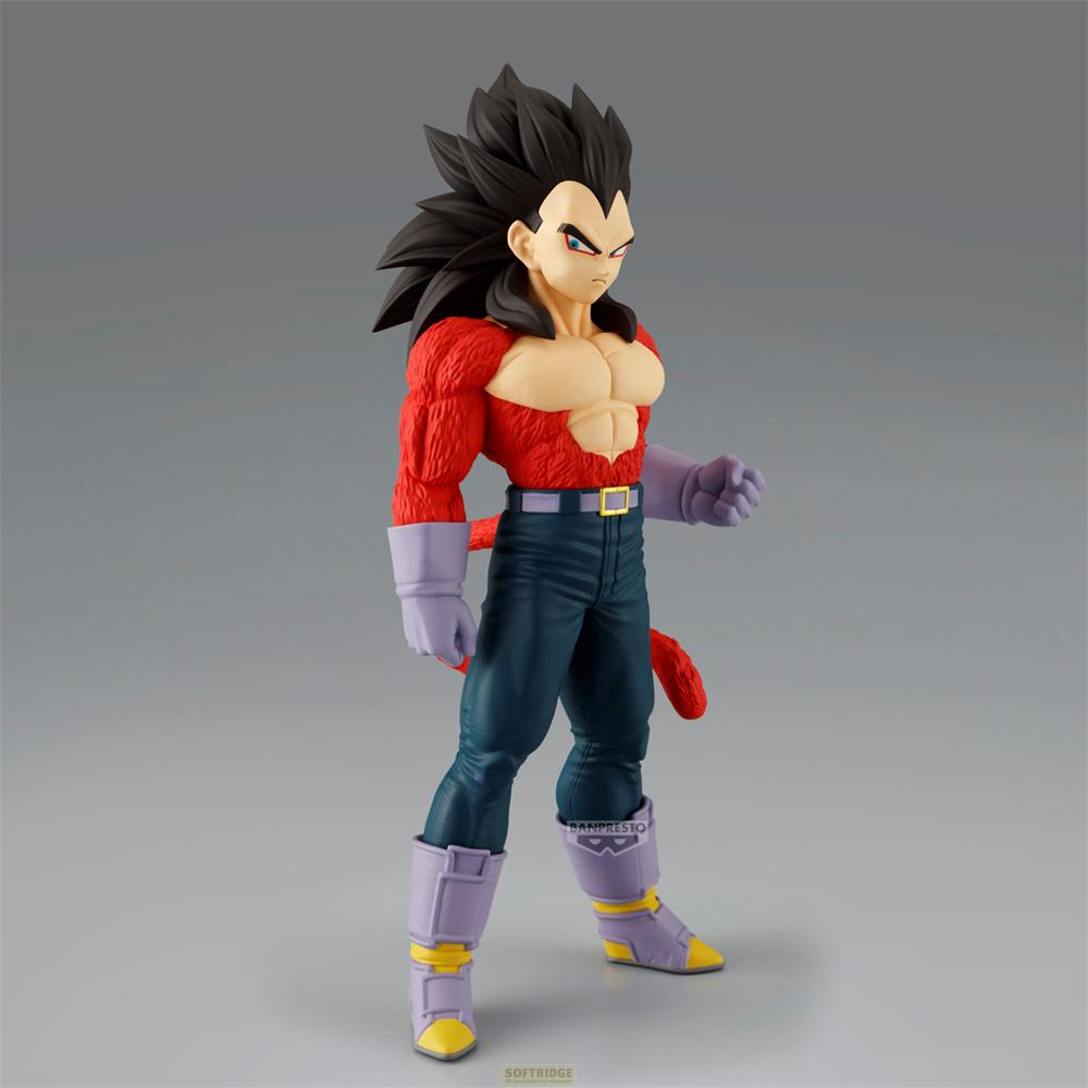 Figura de Vegeta en Super Saiyan 4, brazos rojos, pantalones azules y botas púrpuras.