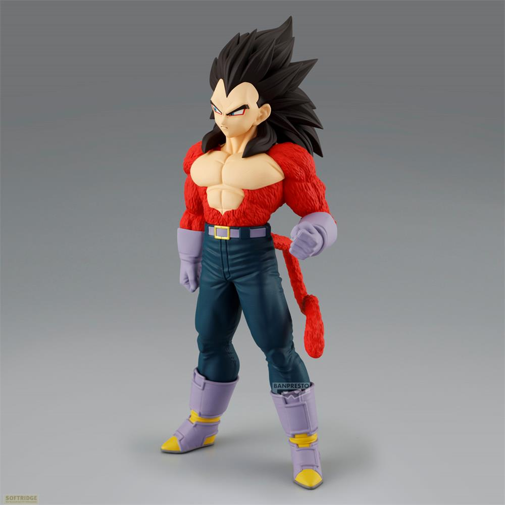 Figura de Vegeta en Super Saiyajin 4, torso rojo, pantalones azules, fondo gris.