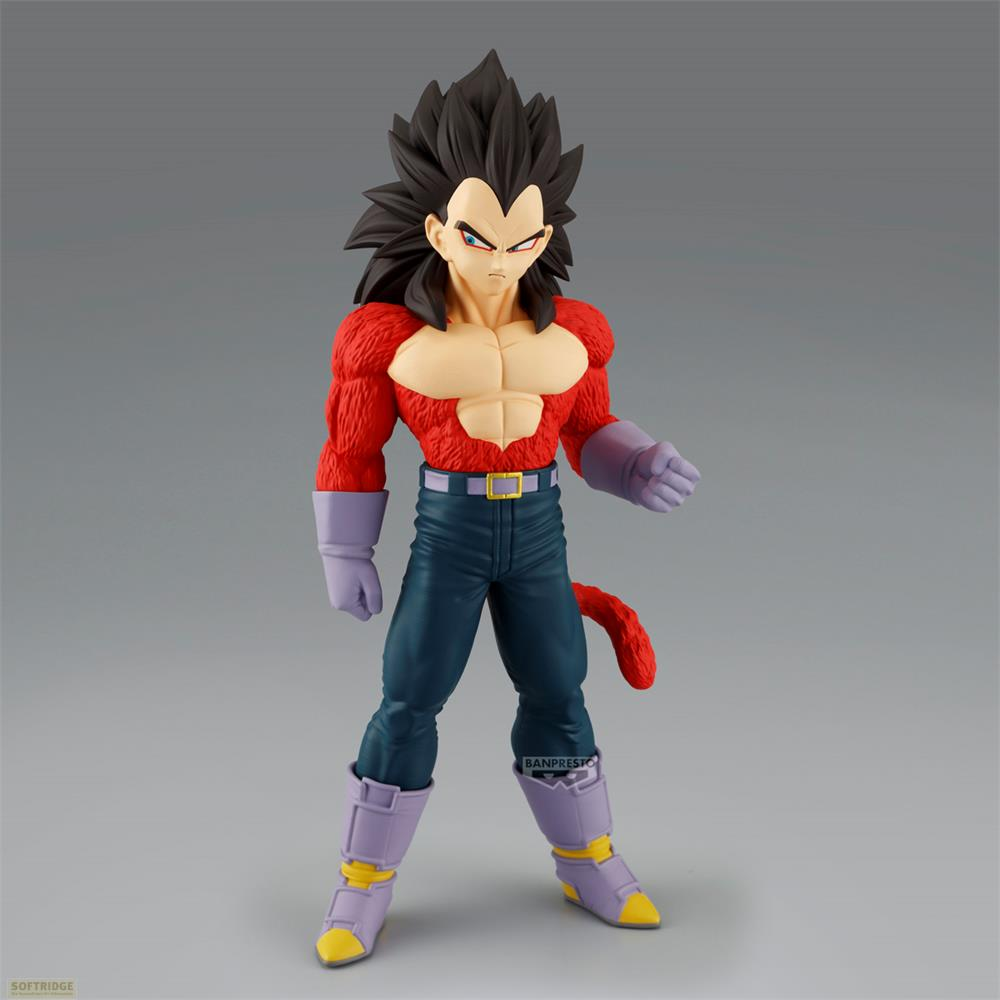 Una figura de Vegeta en su forma SSJ4, con top rojo, pantalones azules y botas moradas.