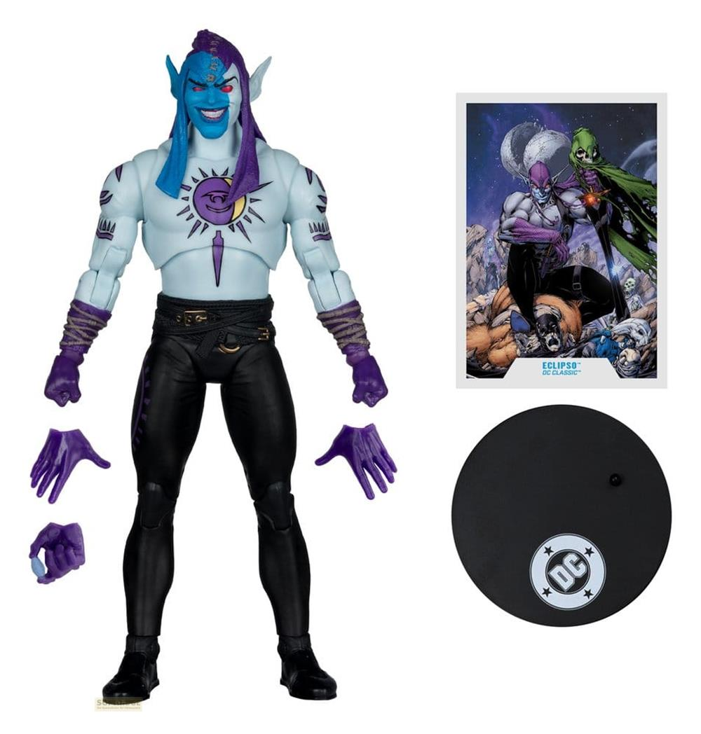 Actionfigur von Eclipso mit lila Handschuhen, schwarzer Hose und Comic-Kunst. Inklusive Ständer.