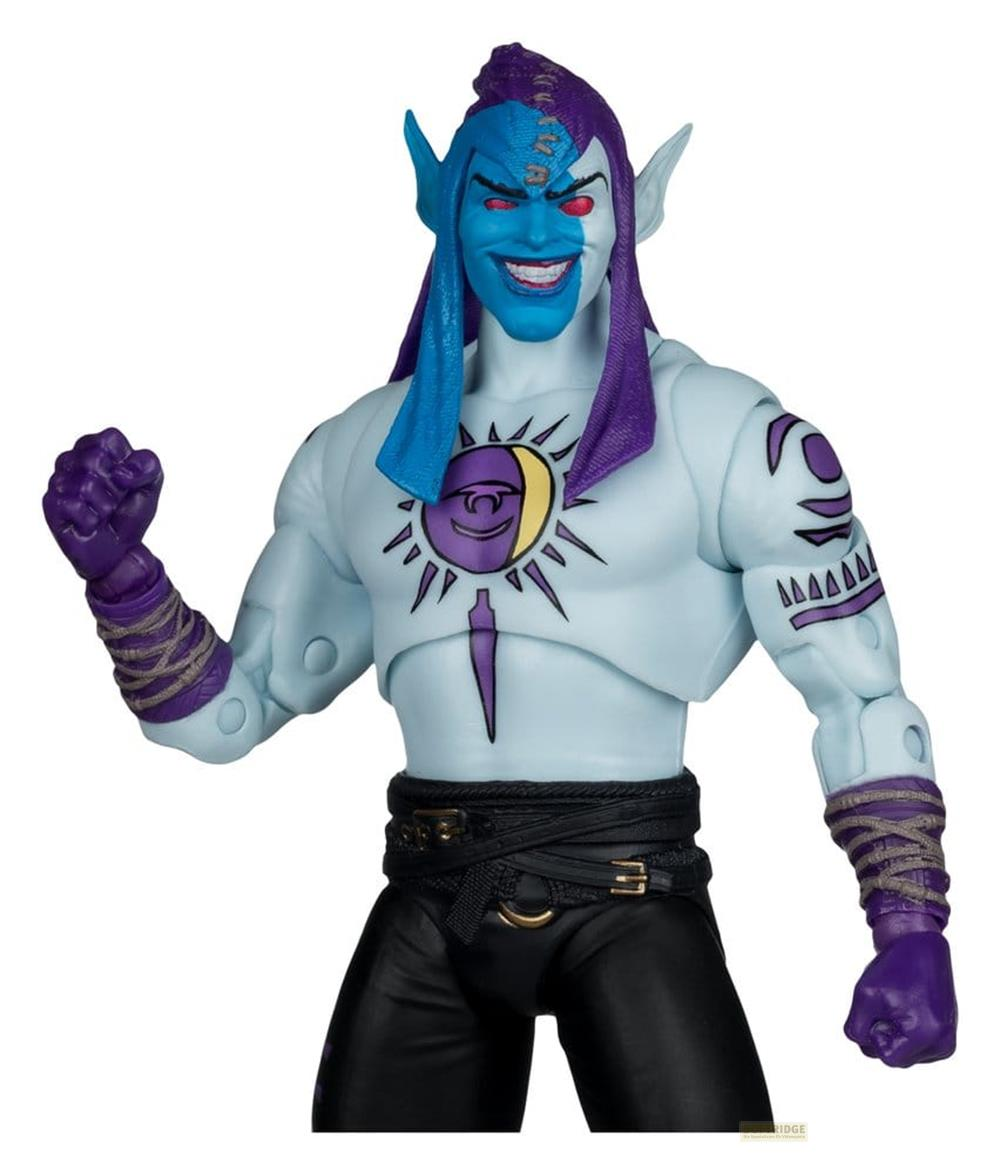 Actionfigur eines blau-weißen Wesens mit lila Haaren, roten Augen und einem Sonnensymbol auf der Brust.