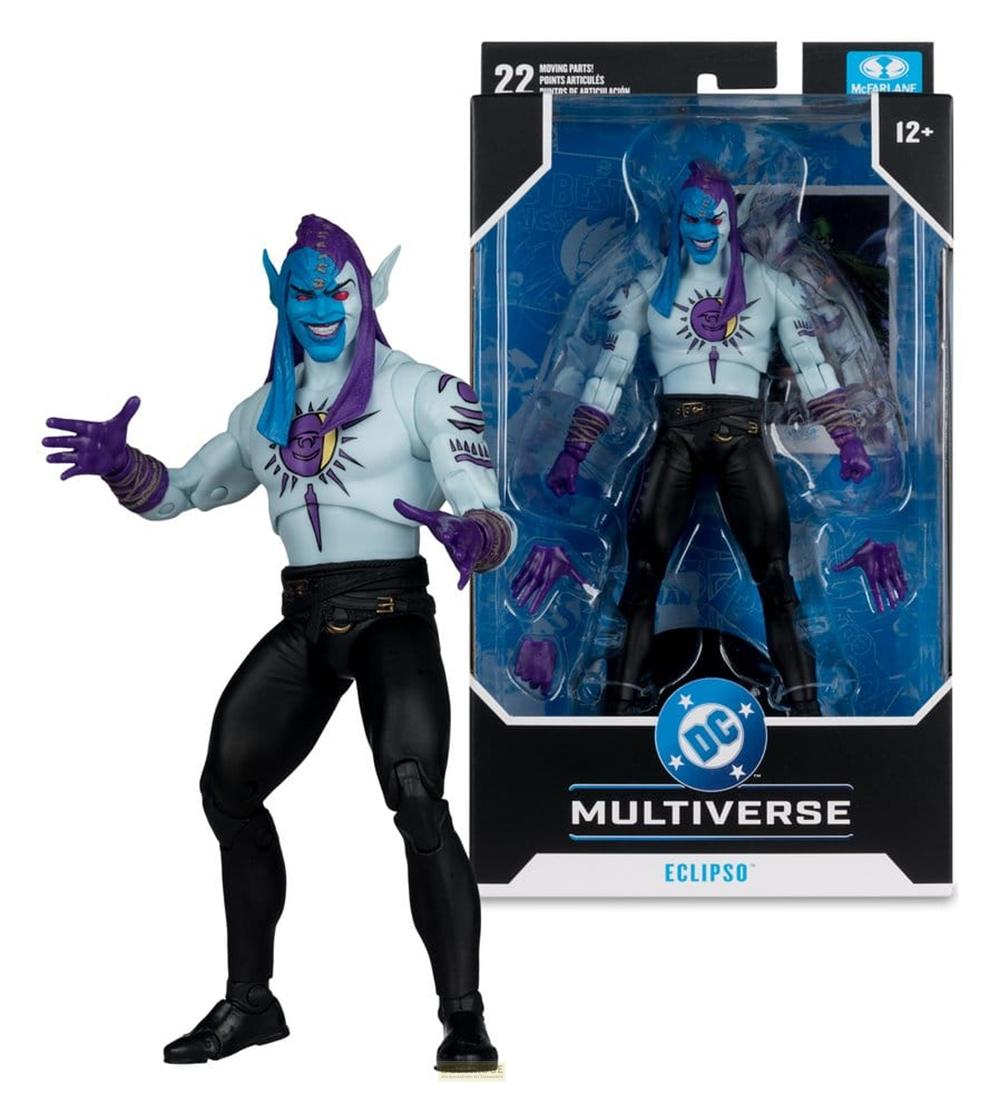Eine Actionfigur von Eclipso mit blauer Haut und lila Haaren in der Verpackung.