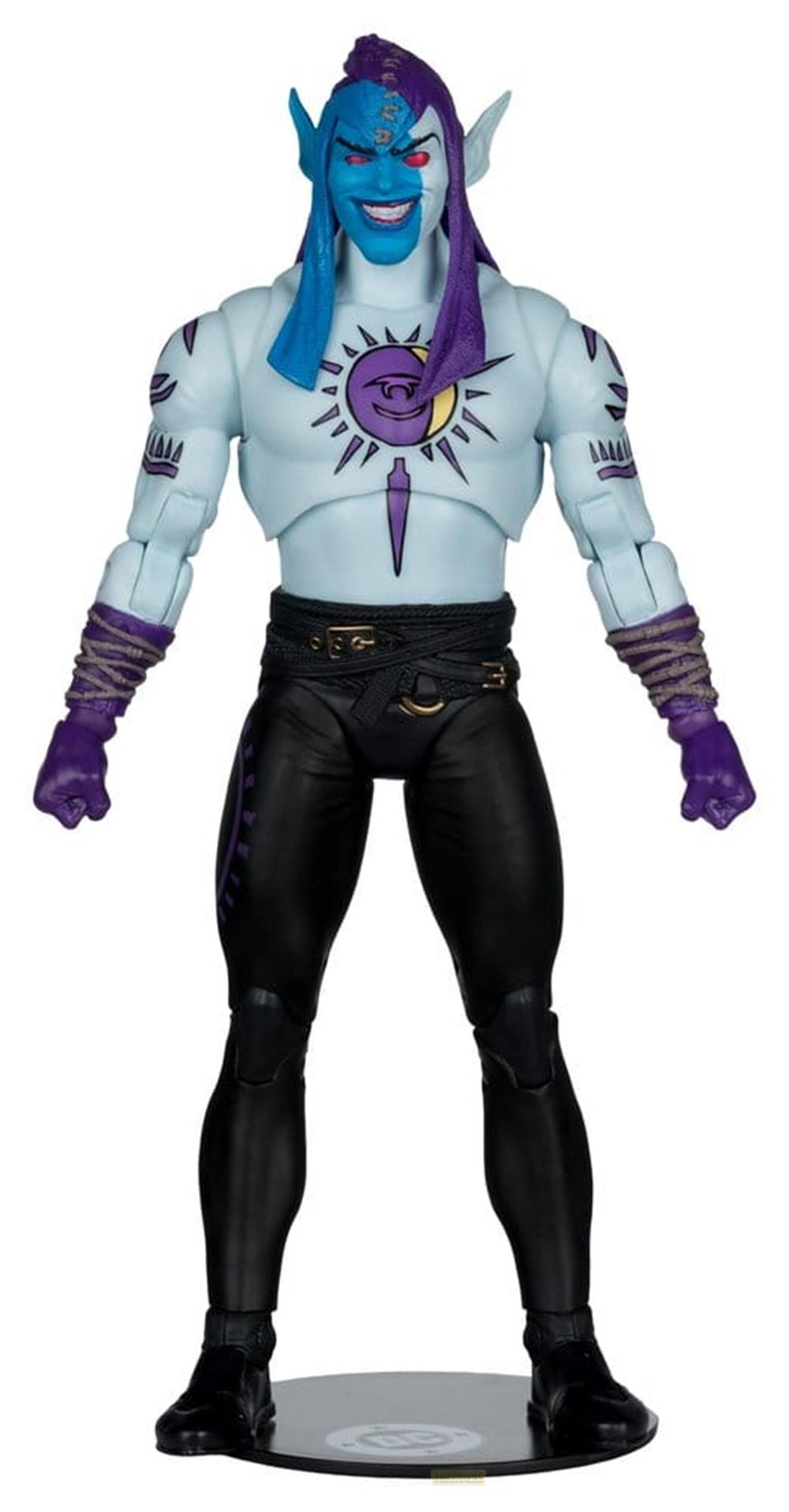 Eine blassblaue Figur mit gespaltenem blau-violettem Kopf, roten Augen und einem finsteren Lächeln.