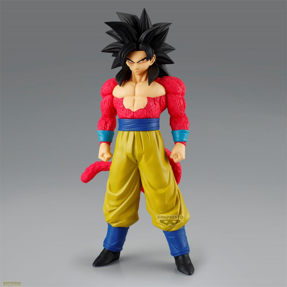 Eine Actionfigur von Goku im Super Saiyan 4-Look mit schwarzem Haar, rotem Oberteil und gelber Hose.