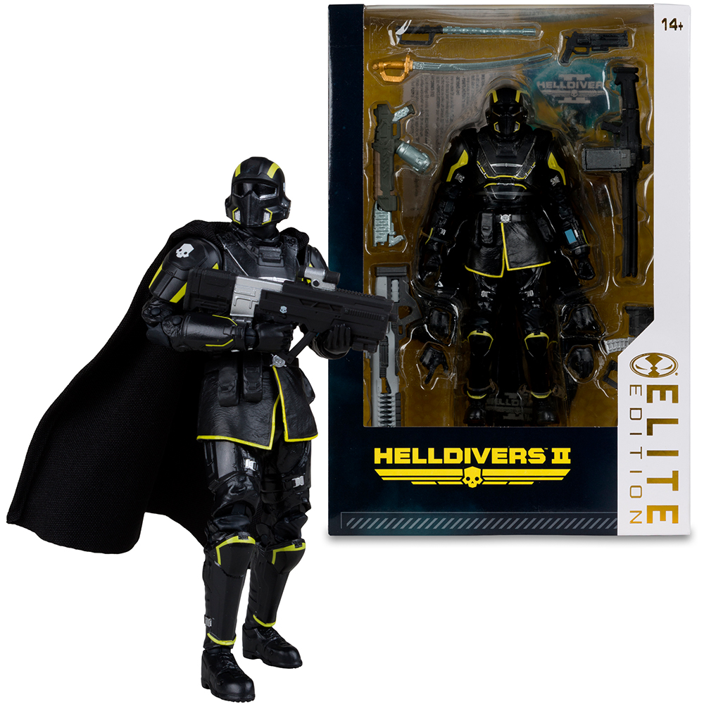 Schwarz-gelbe Actionfigur eines Soldaten mit Gewehr neben der Verpackung.