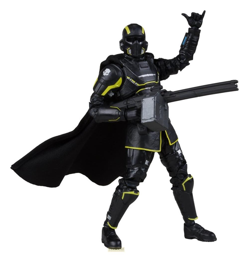 Eine schwarze Figur mit gelben Akzenten und einem Gewehr, die eine "Shaka"-Geste macht.