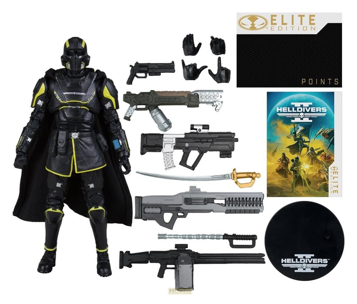Eine Actionfigur in schwarzer Rüstung mit gelben Akzenten, daneben Waffen und ein Spielcover.