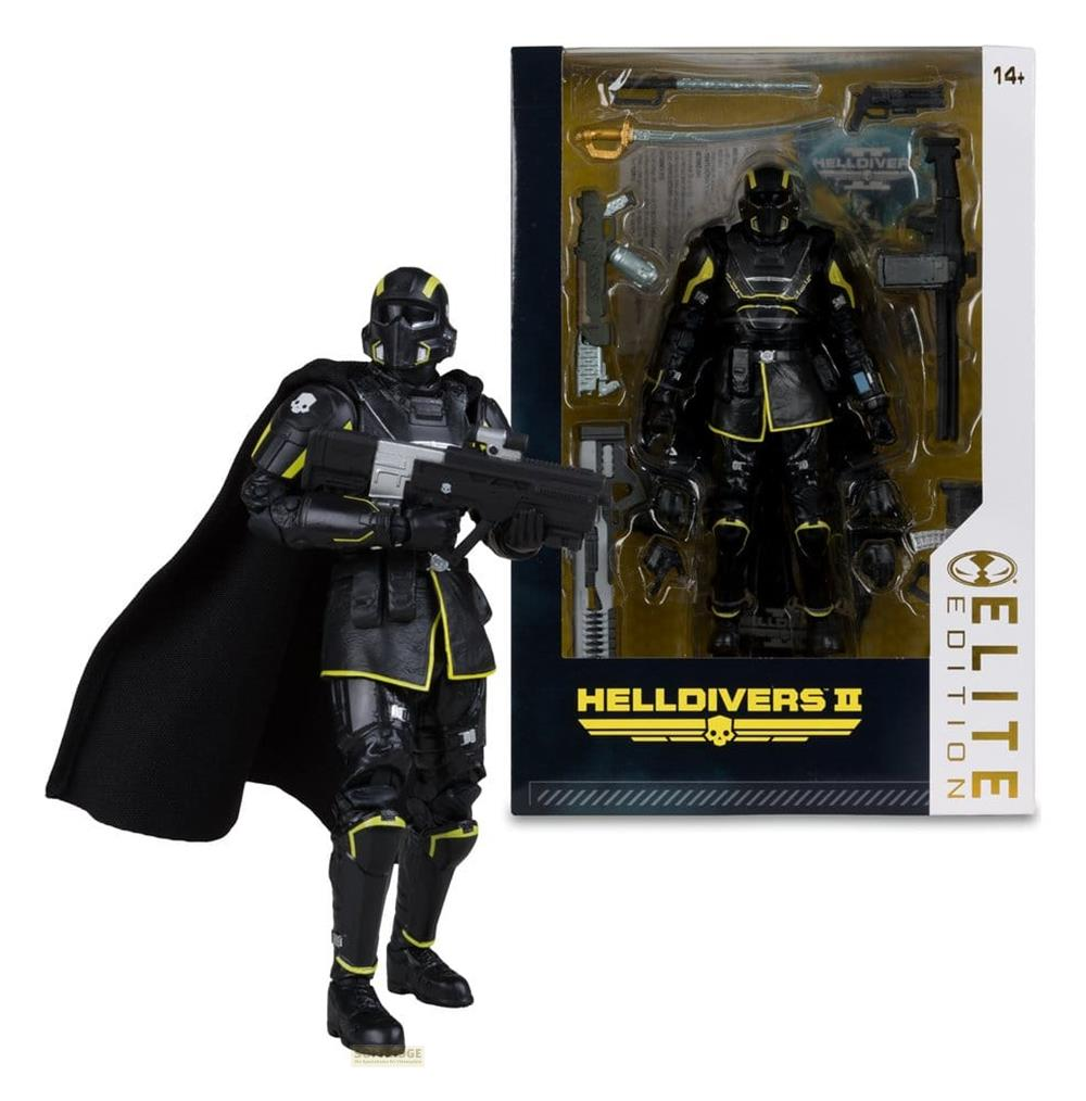 Actionfigur eines Soldaten in Schwarz mit gelben Akzenten, der eine Waffe hält.