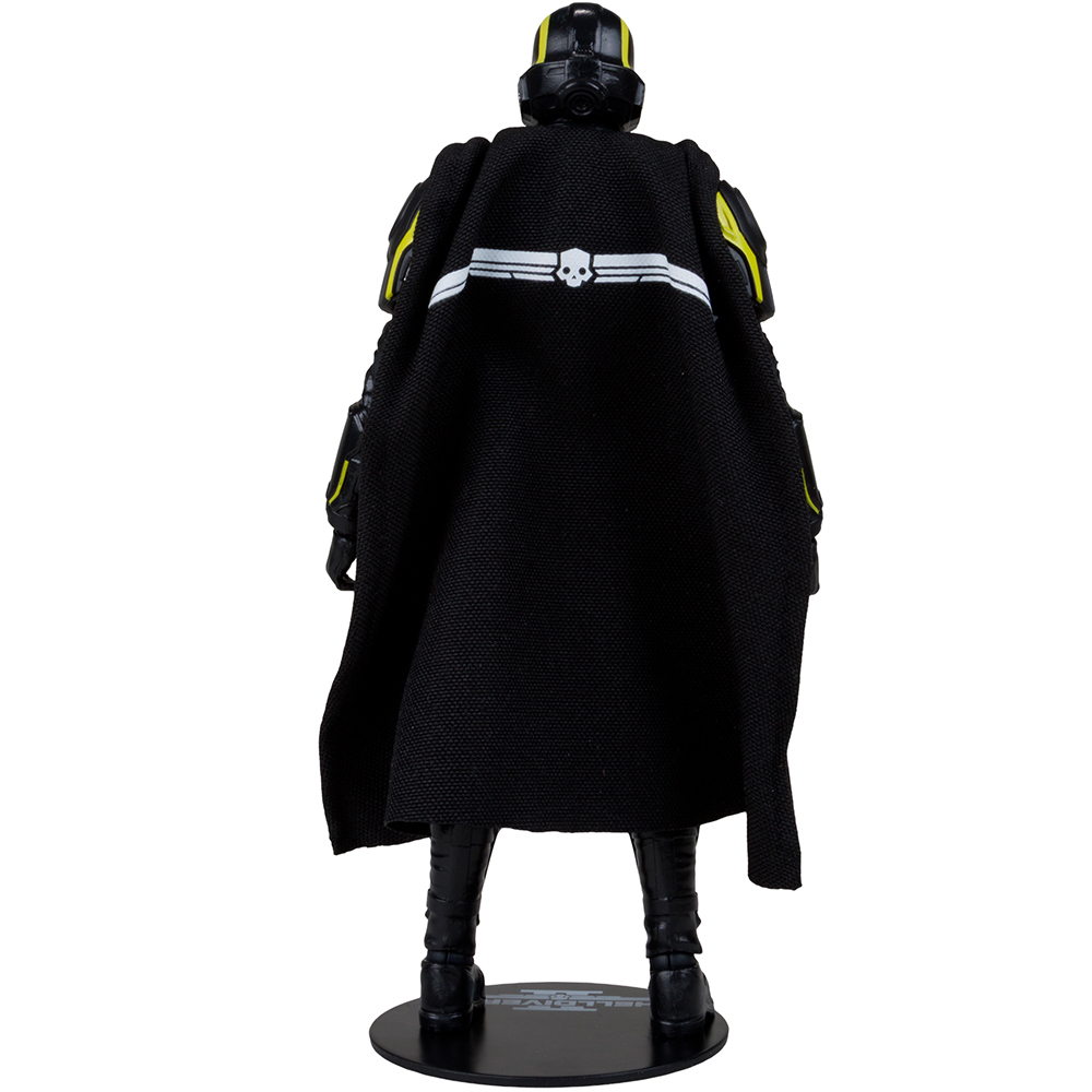 Rückansicht einer Actionfigur mit schwarzem Umhang, Totenkopf-Symbol und gelben Akzenten.