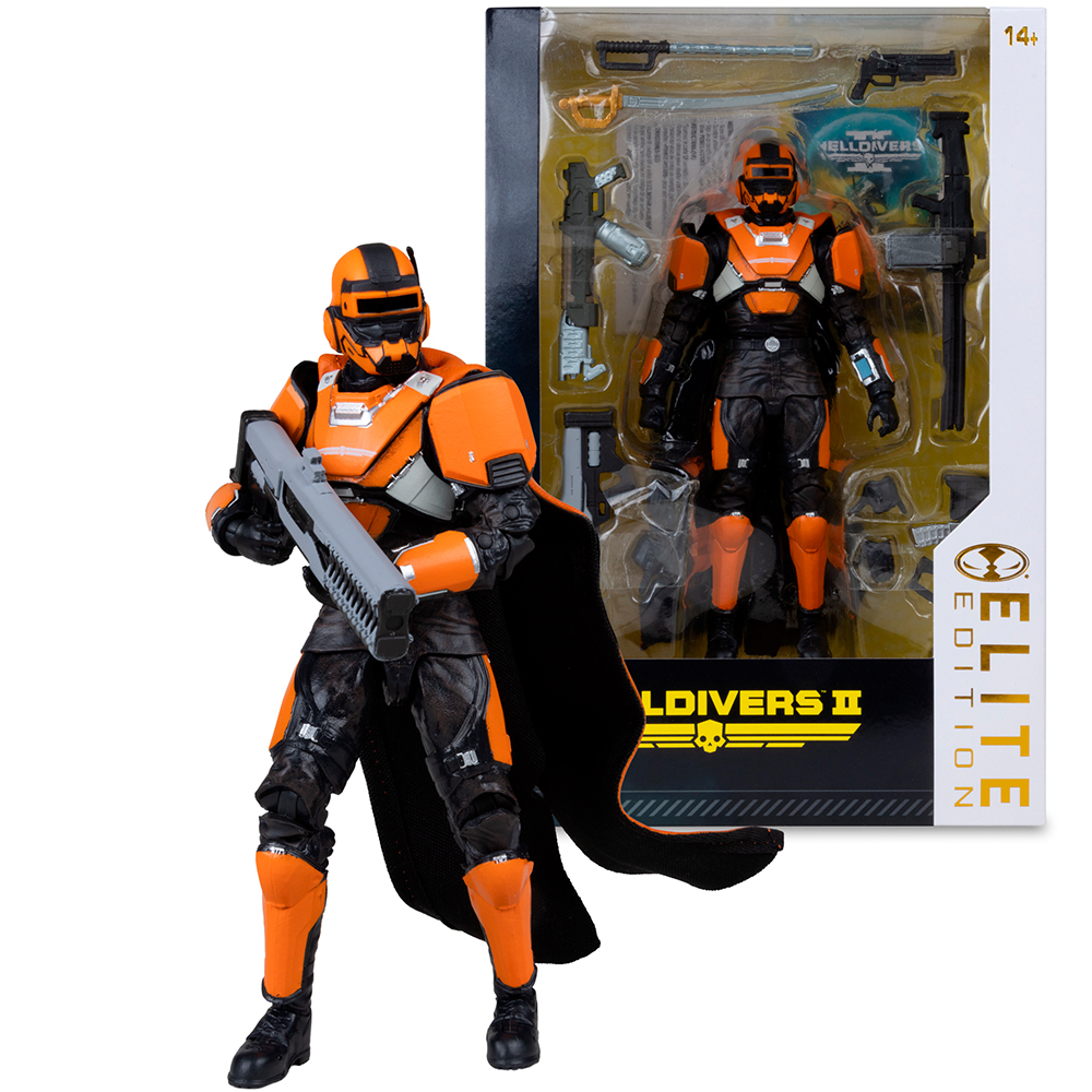 Orange und schwarze Actionfigur mit Gewehr neben verpackter Version mit Zubehör.