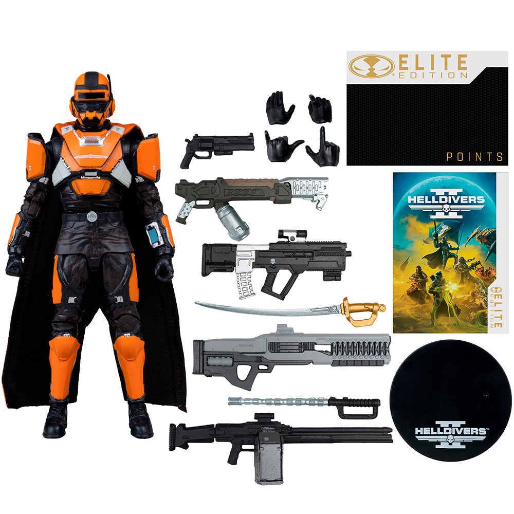 Eine Actionfigur mit orangefarbenen und schwarzen Rüstungen, mit Waffen und einem Spielcover.