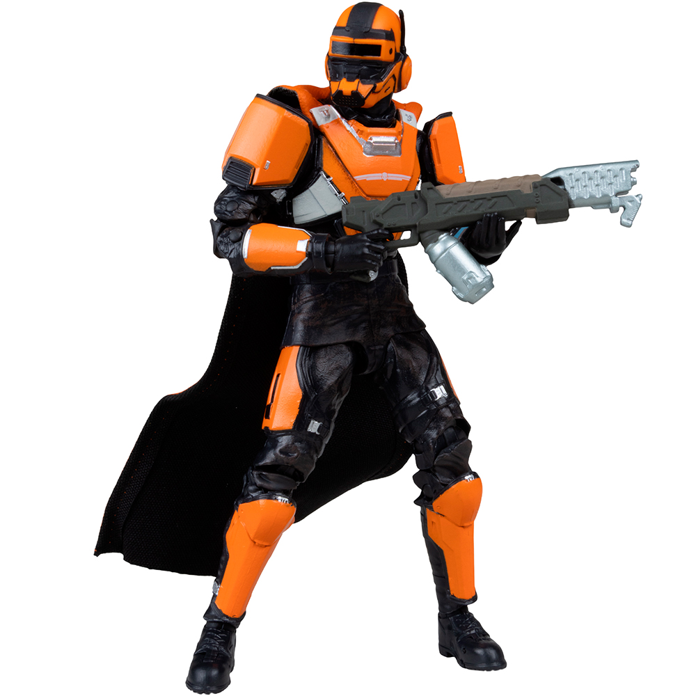 Orange-schwarzer Soldat mit Gewehr und schwarzem Umhang, weißer Hintergrund.