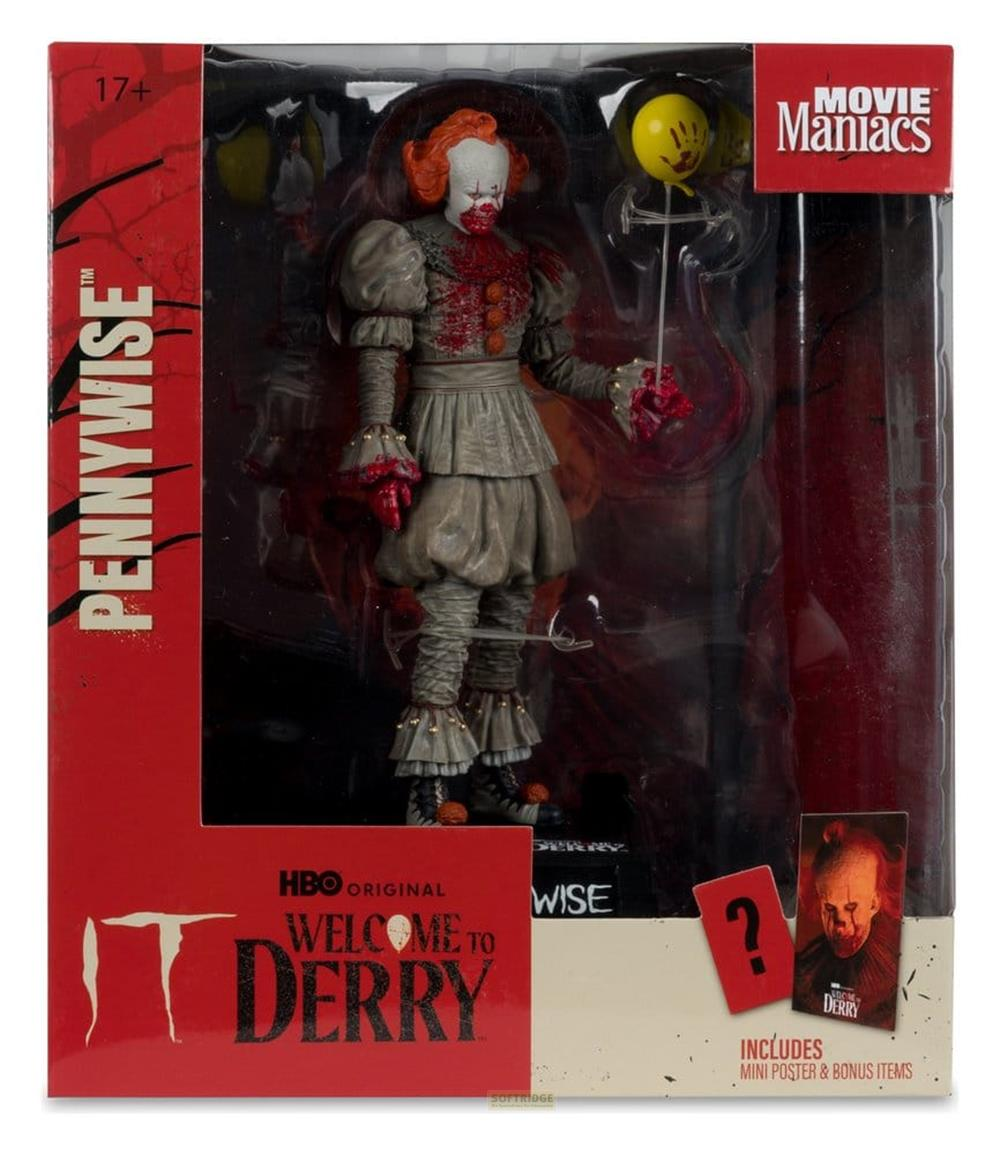 Pennywise-Actionfigur in Box mit Ballon. "Welcome to Derry"-Logo.