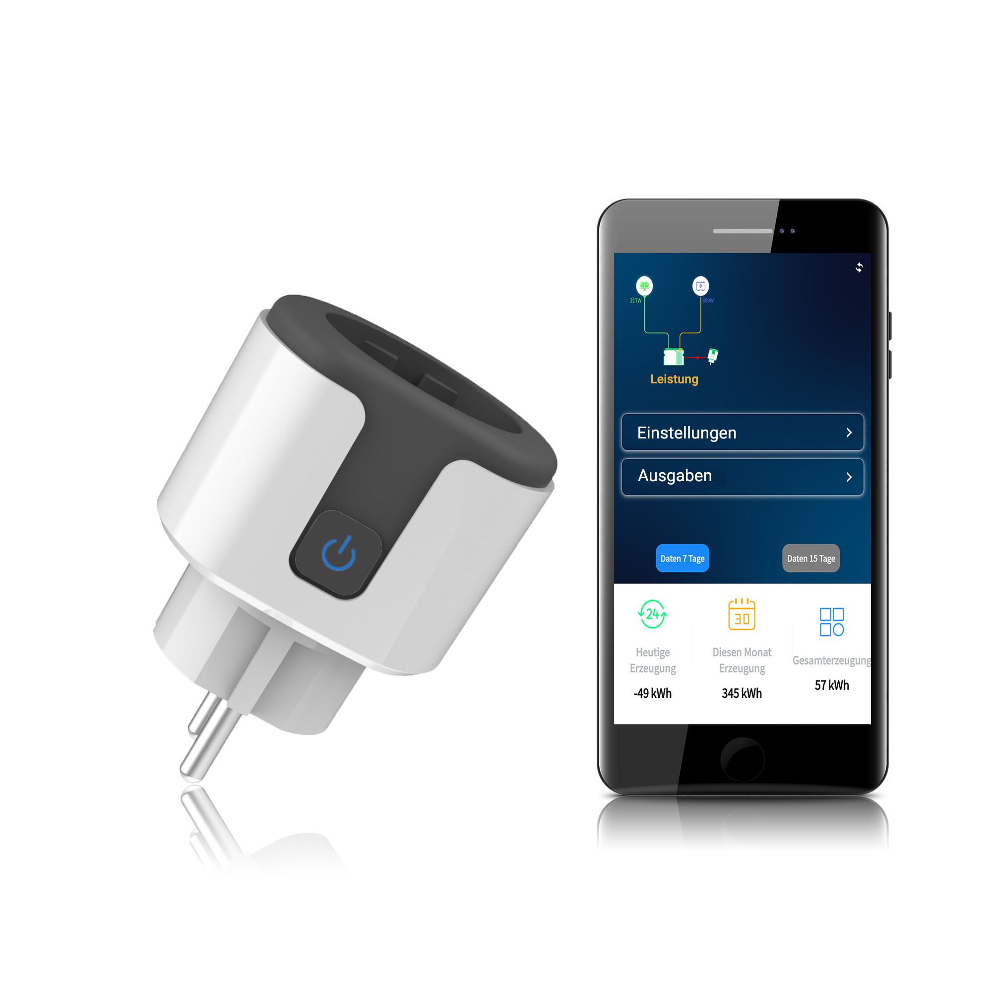 Ein weißer Smart-Stecker neben einem Smartphone, das eine Energie-App anzeigt.