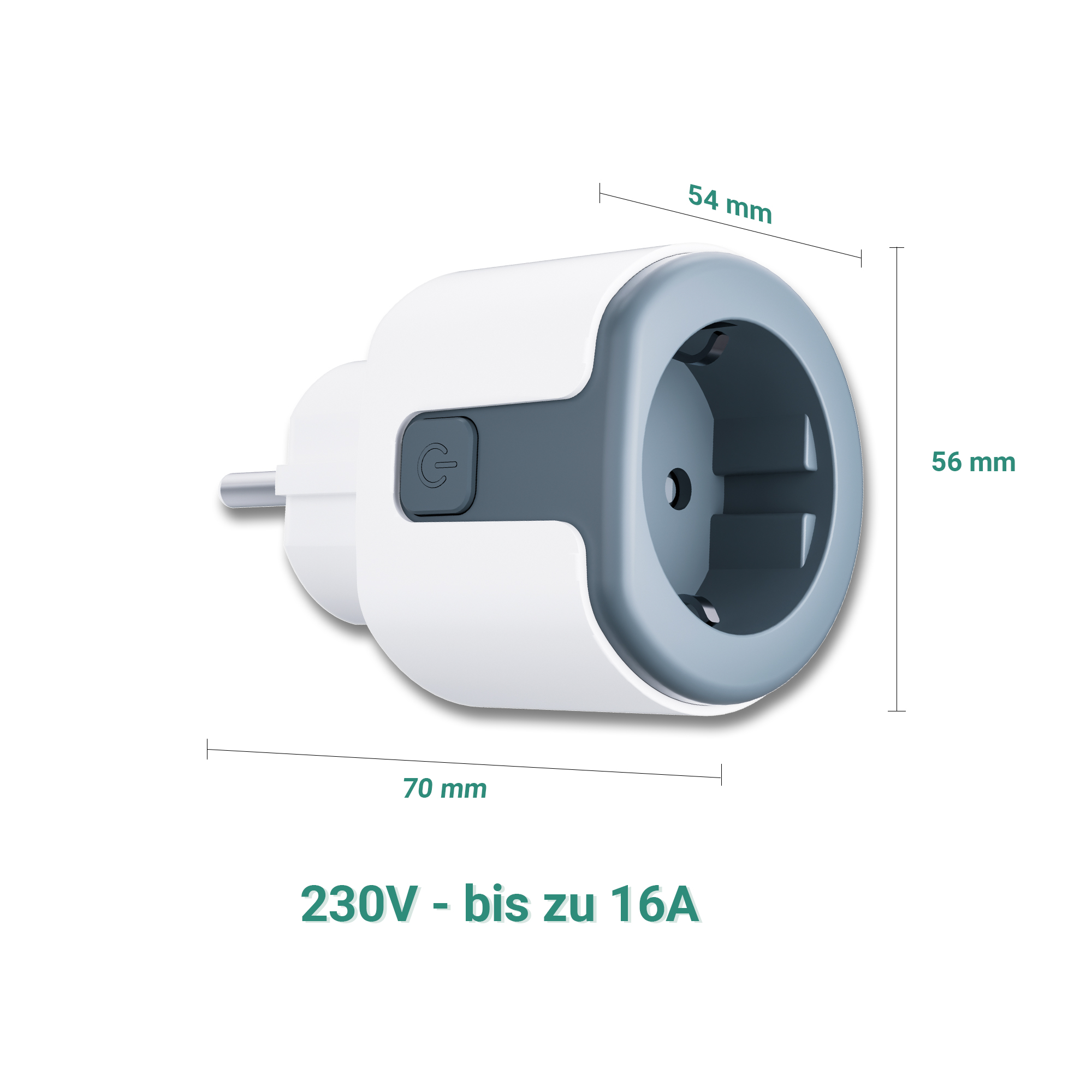 Ein weiß-grauer Steckeradapter mit Ein/Aus-Symbol. Maße: 54x56x70mm, 230V bis 16A.