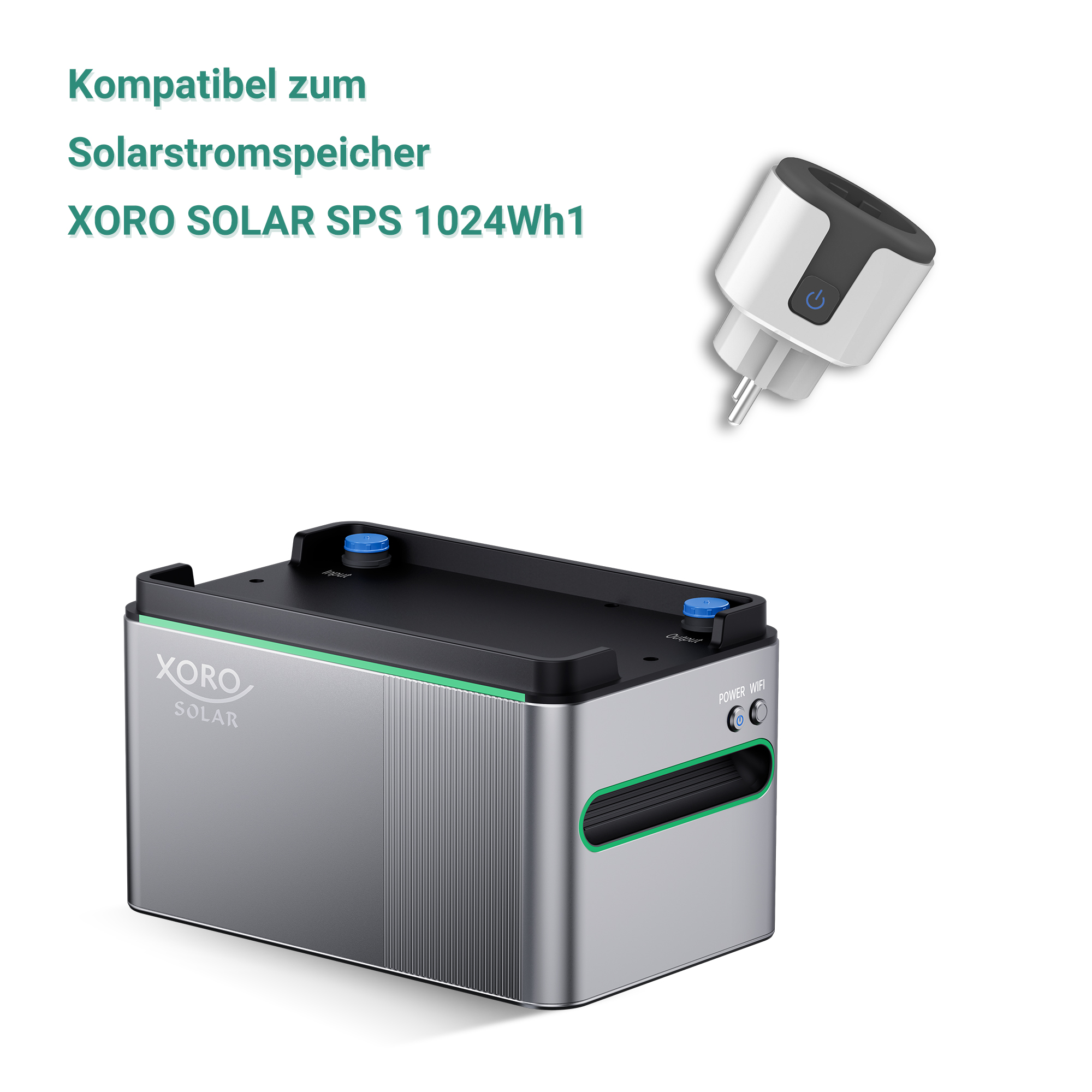 Ein silberner Energiespeicher mit blauem Knopf und ein weißer Stecker mit Power-Symbol.