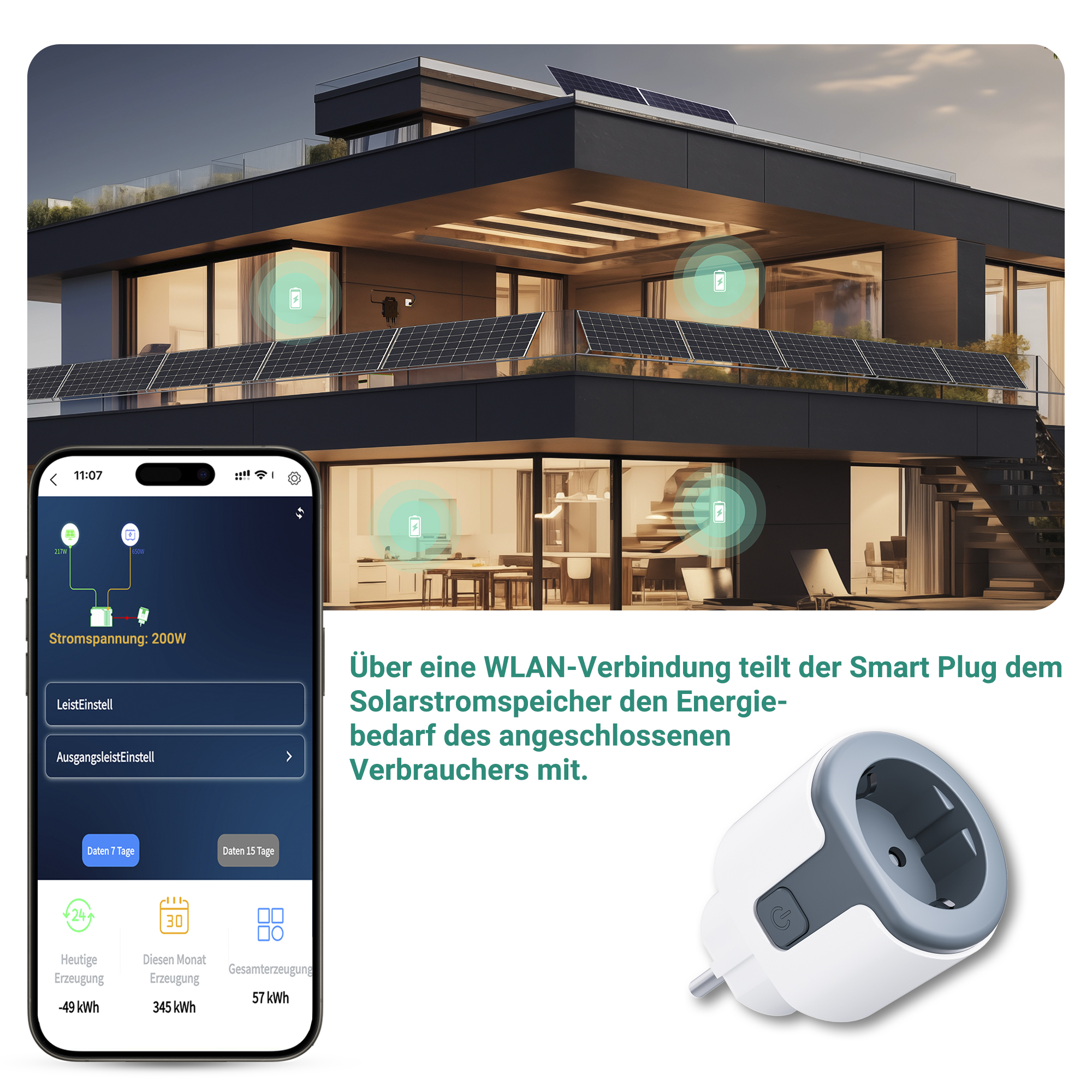 Moderne Villa mit Solaranlage, Smart Plug und App-Anzeige.