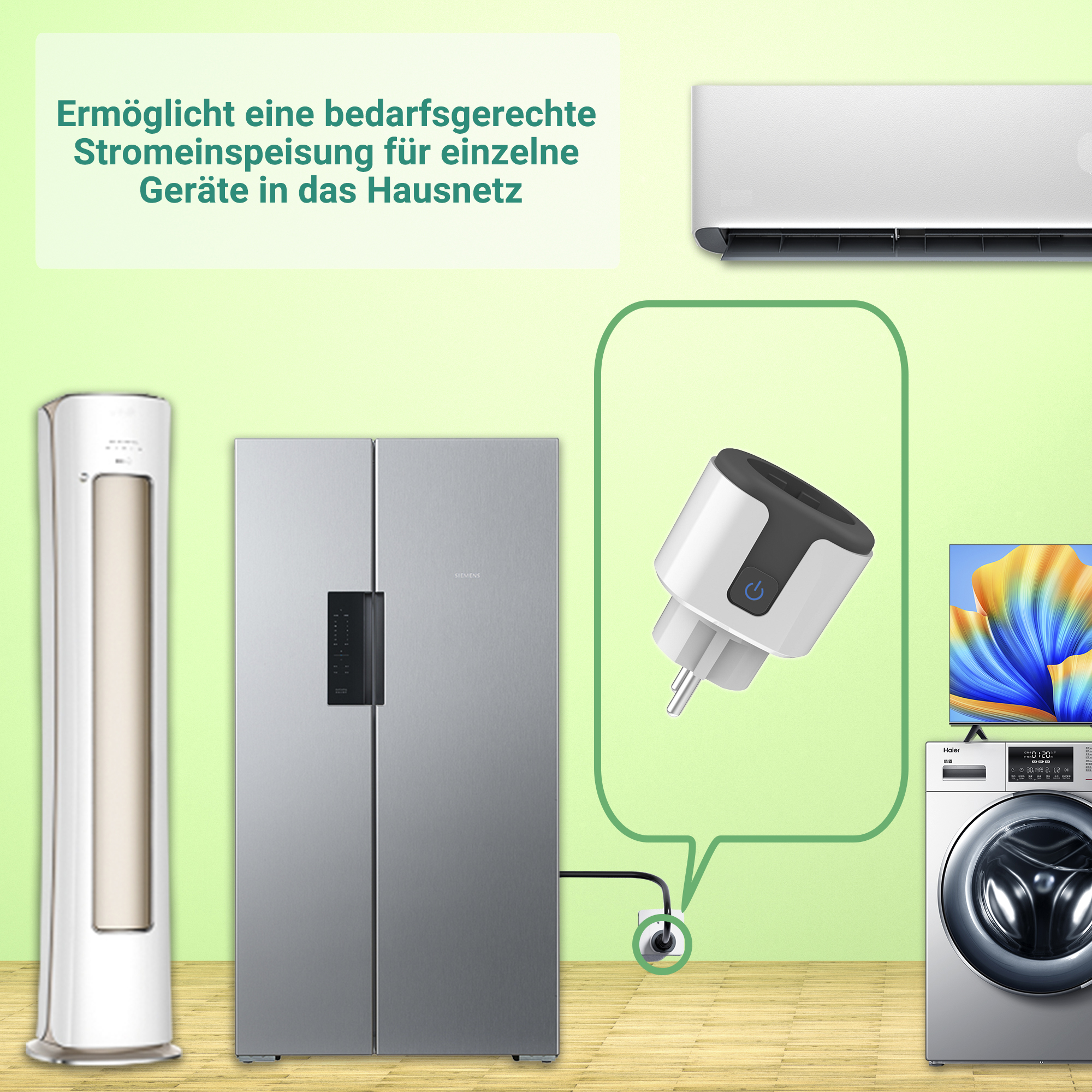 Ein Luftentfeuchter, Kühlschrank, Smart Plug, Waschmaschine und Fernseher.