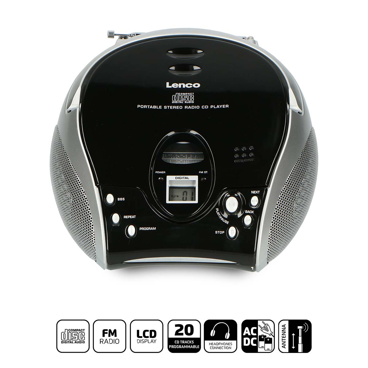 Lettore CD radio stereo portatile Lenco nero con altoparlanti e display LCD.
