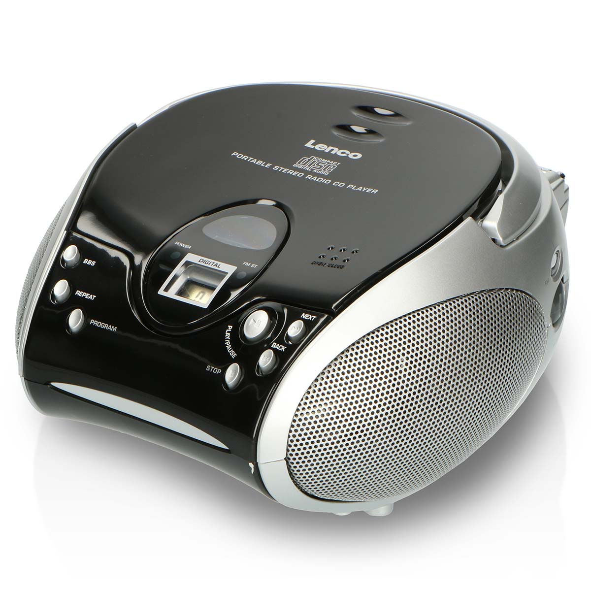 Un lettore CD radio stereo portatile Lenco nero e argento con pulsanti.