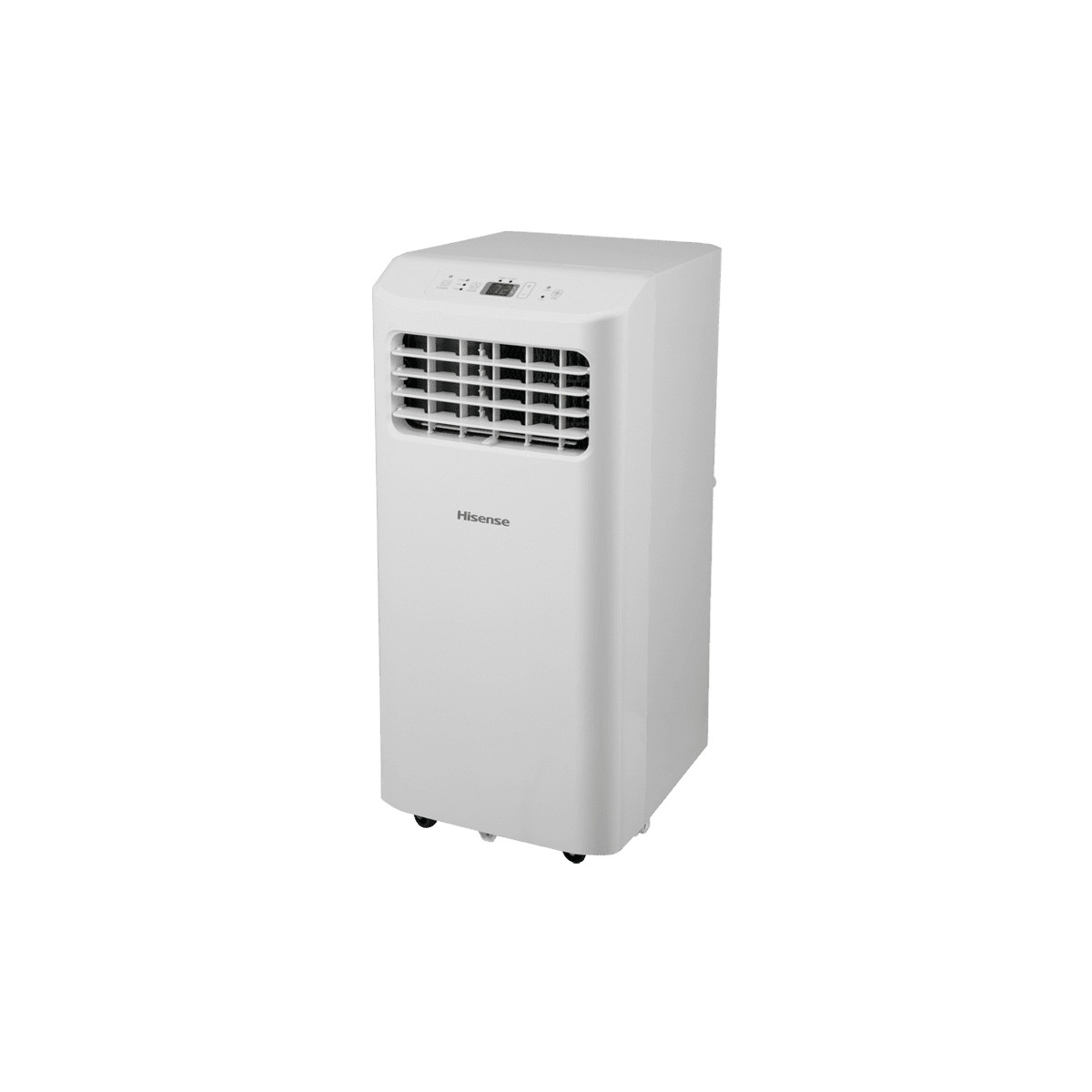 Un condizionatore portatile Hisense bianco con prese d'aria e ruote.