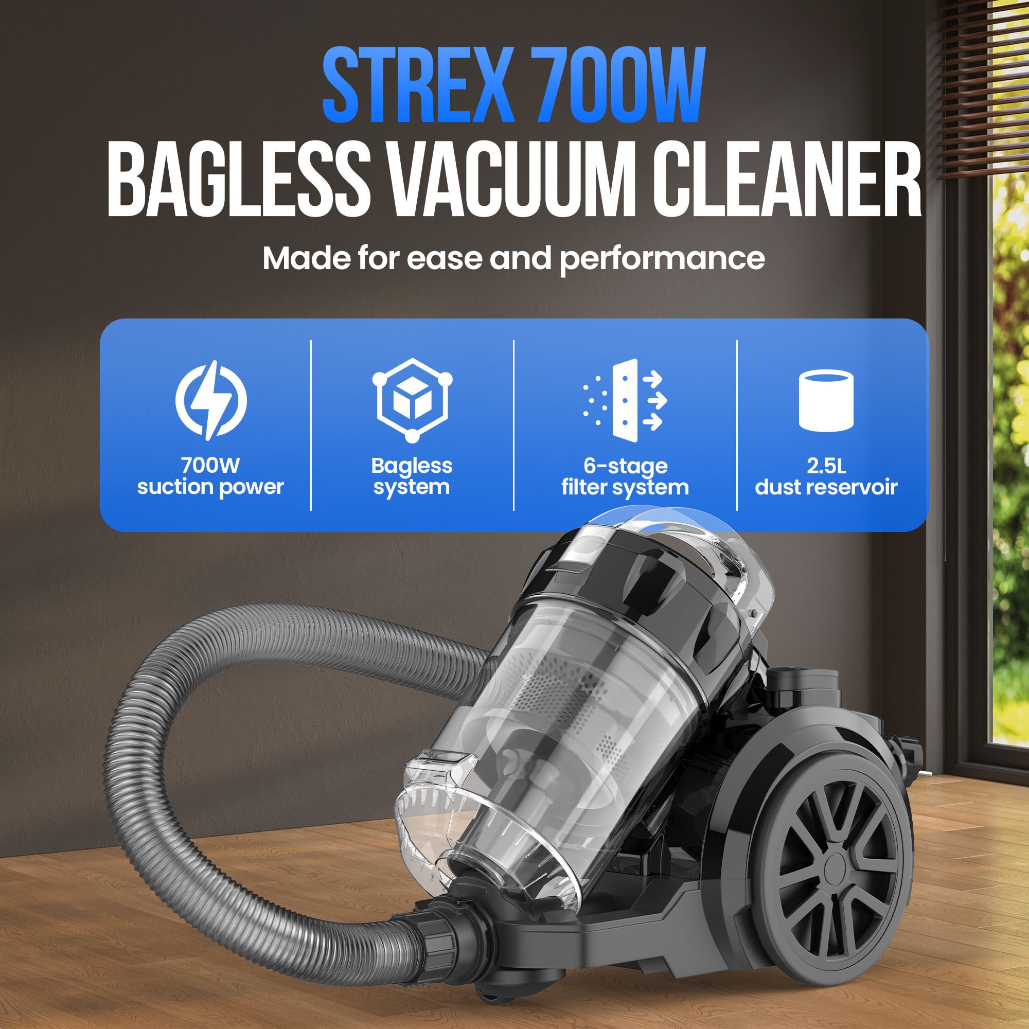 Aspirapolvere senza sacco Strex 700W con serbatoio da 2,5L.