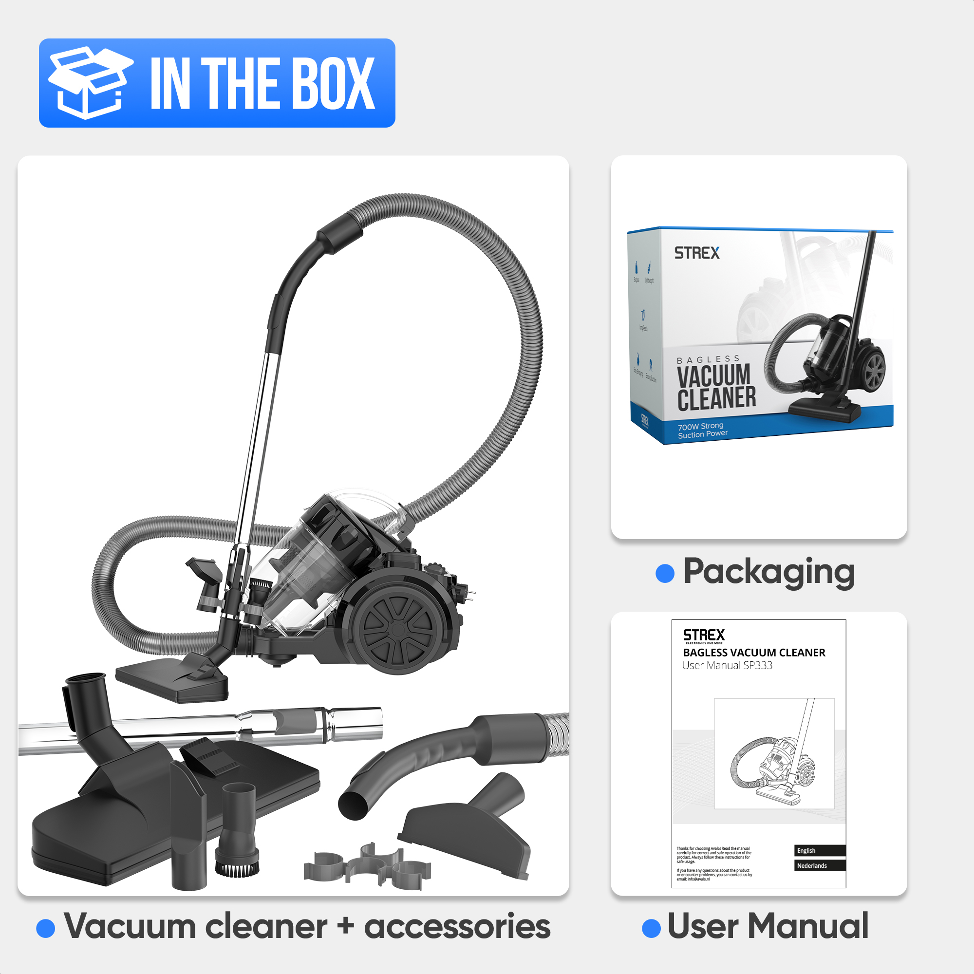 Viene mostrata un'aspirapolvere con accessori e manuale utente.