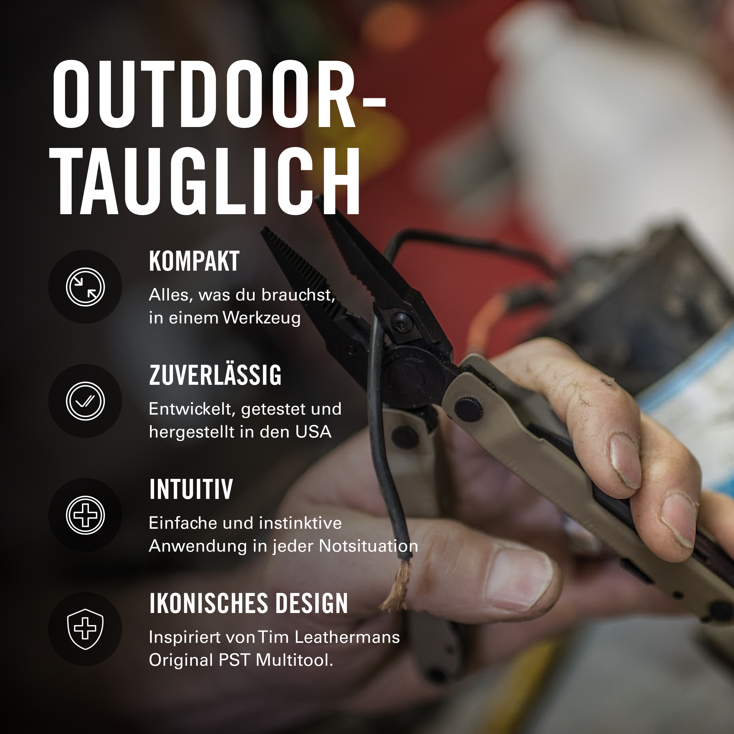 Ein Multitool wird von einer Hand gehalten, mit Text über seine Eigenschaften.