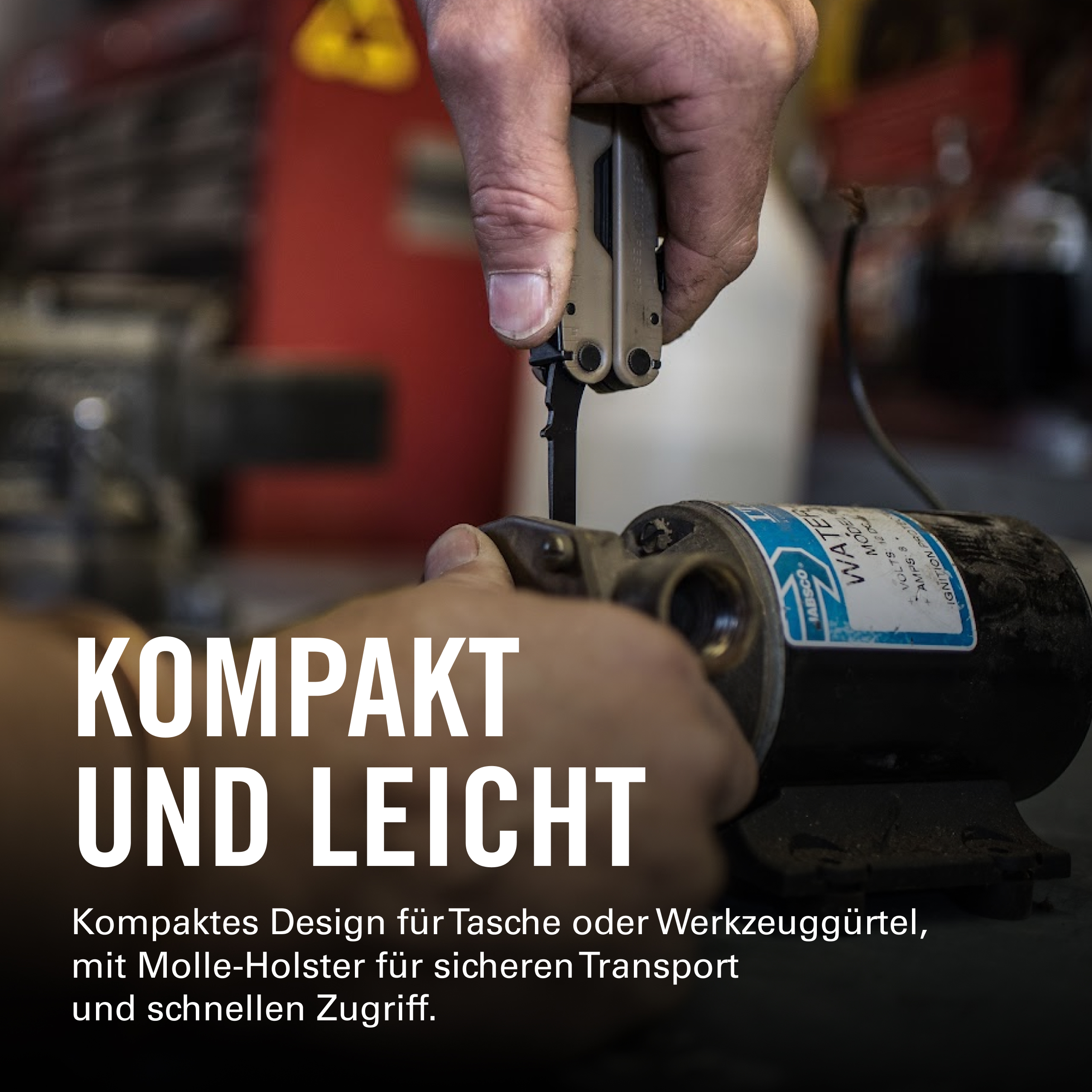 Hände halten Werkzeug und Pumpe. Text: Kompakt und leicht.