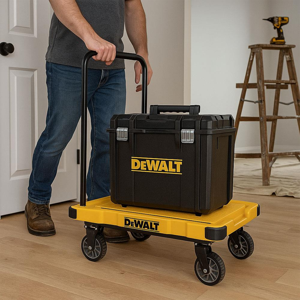 Bir kişi, üzerinde siyah bir Dewalt alet kutusu bulunan sarı bir Dewalt alet arabası çekiyor.