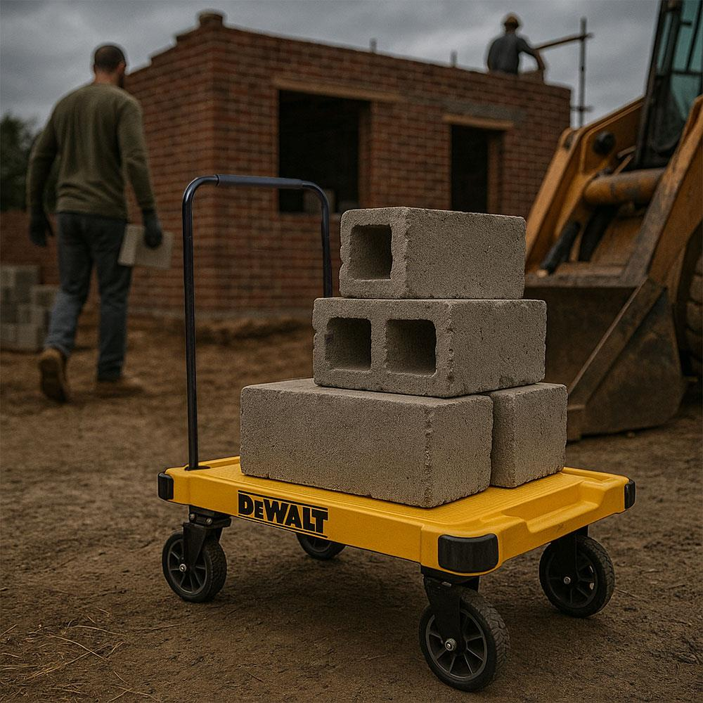 Ekskavatörlü bir şantiye önünde beton blokları olan sarı el arabası.