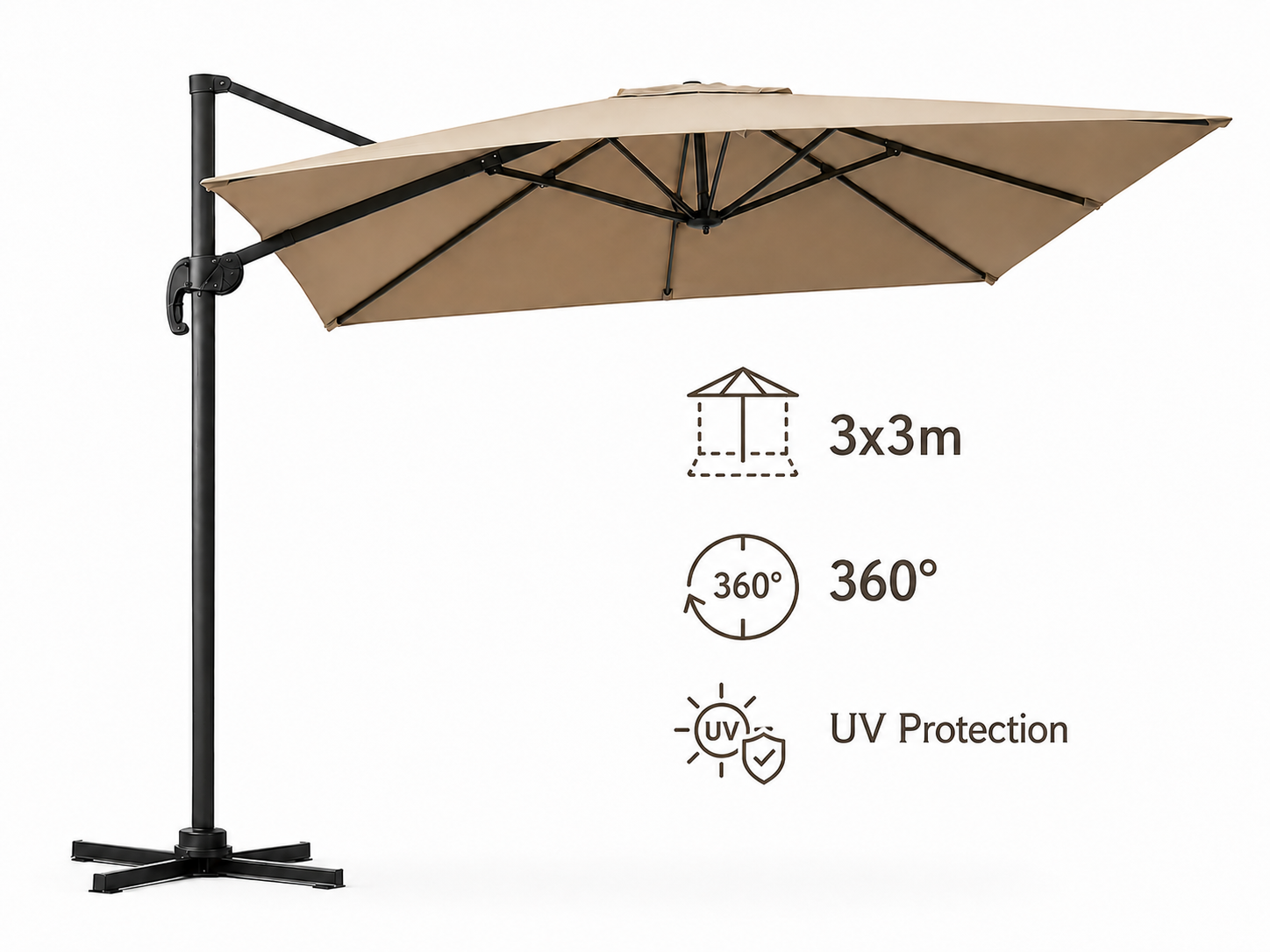 Ein beiger Ampelschirm mit schwarzem Mast und Sockel. Bietet 3x3m Größe, 360° Drehung und UV-Schutz.