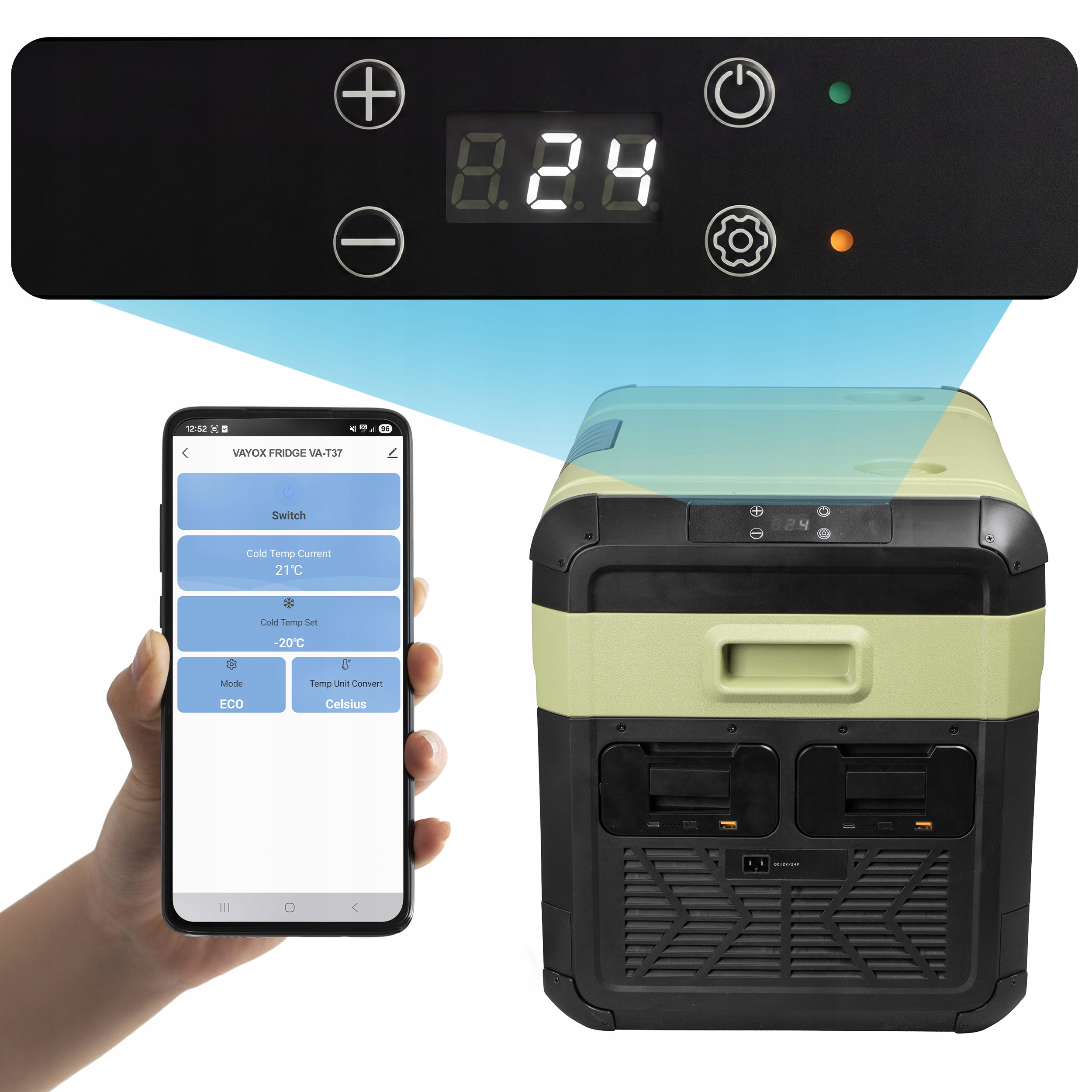 Ein Handy zeigt eine Kühlschrank-App; daneben ein tragbarer Kühlschrank.