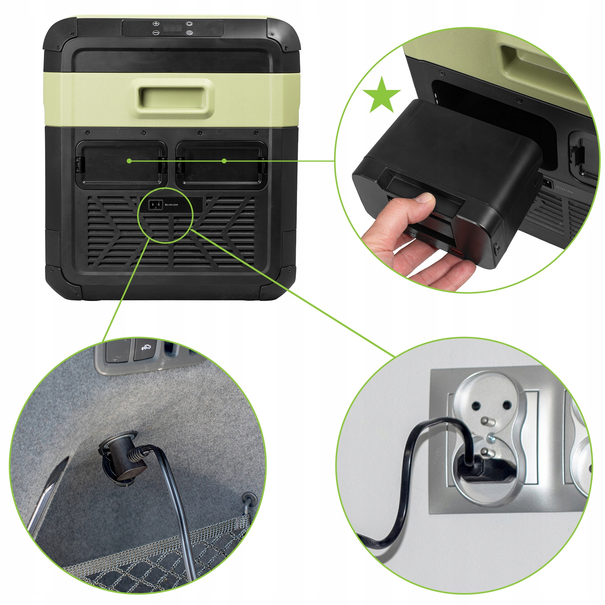 Ein Kühl-/Gefrierschrank mit verschiedenen Anschlüssen und einer Batterie.