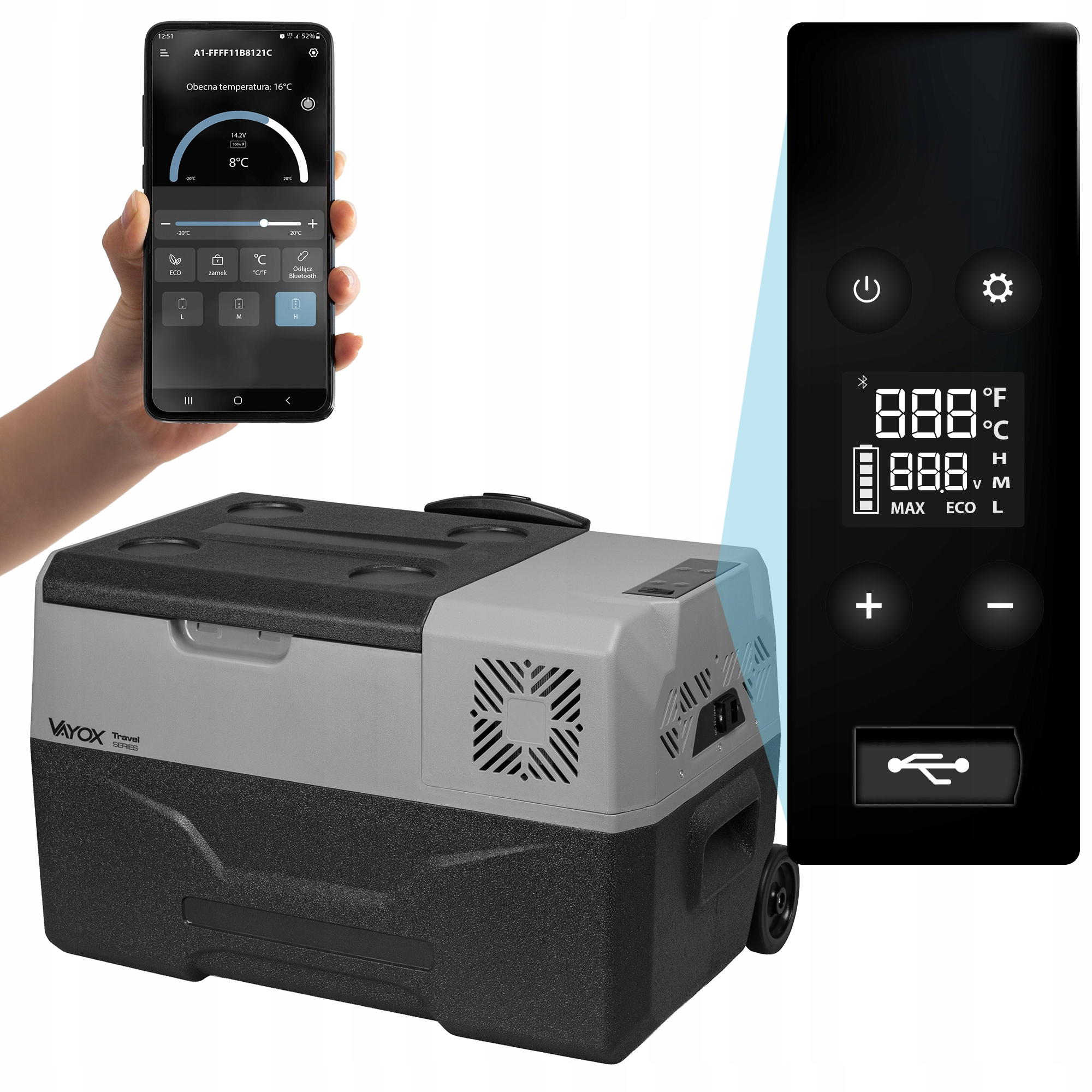 Ein Handy steuert einen grauen und schwarzen Kühlschrank mit digitaler Anzeige und USB-Anschluss.