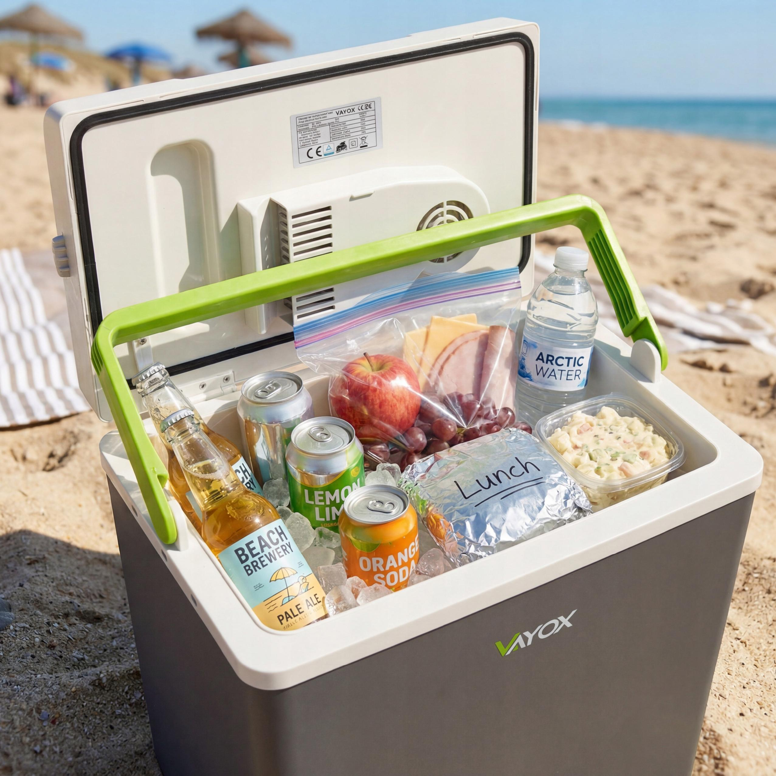 Ein Vayox-Kühler am Strand enthält Getränke, Snacks und Mittagessen. Eis umgibt die Gegenstände.