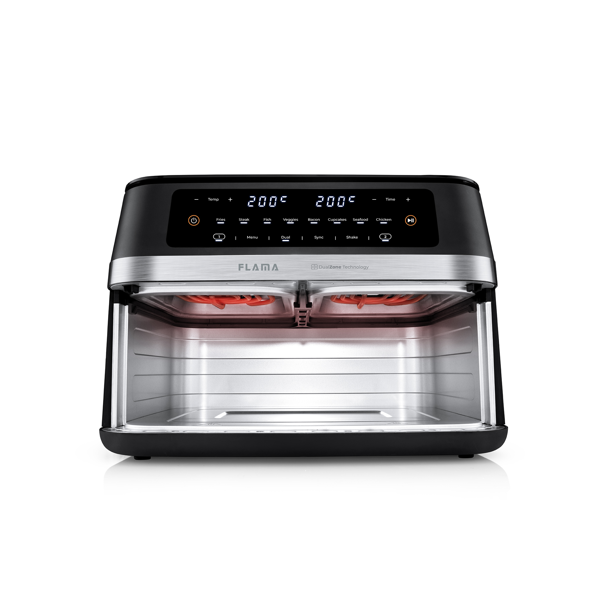 Un horno freidora de aire negro de doble zona con pantalla digital y elementos.