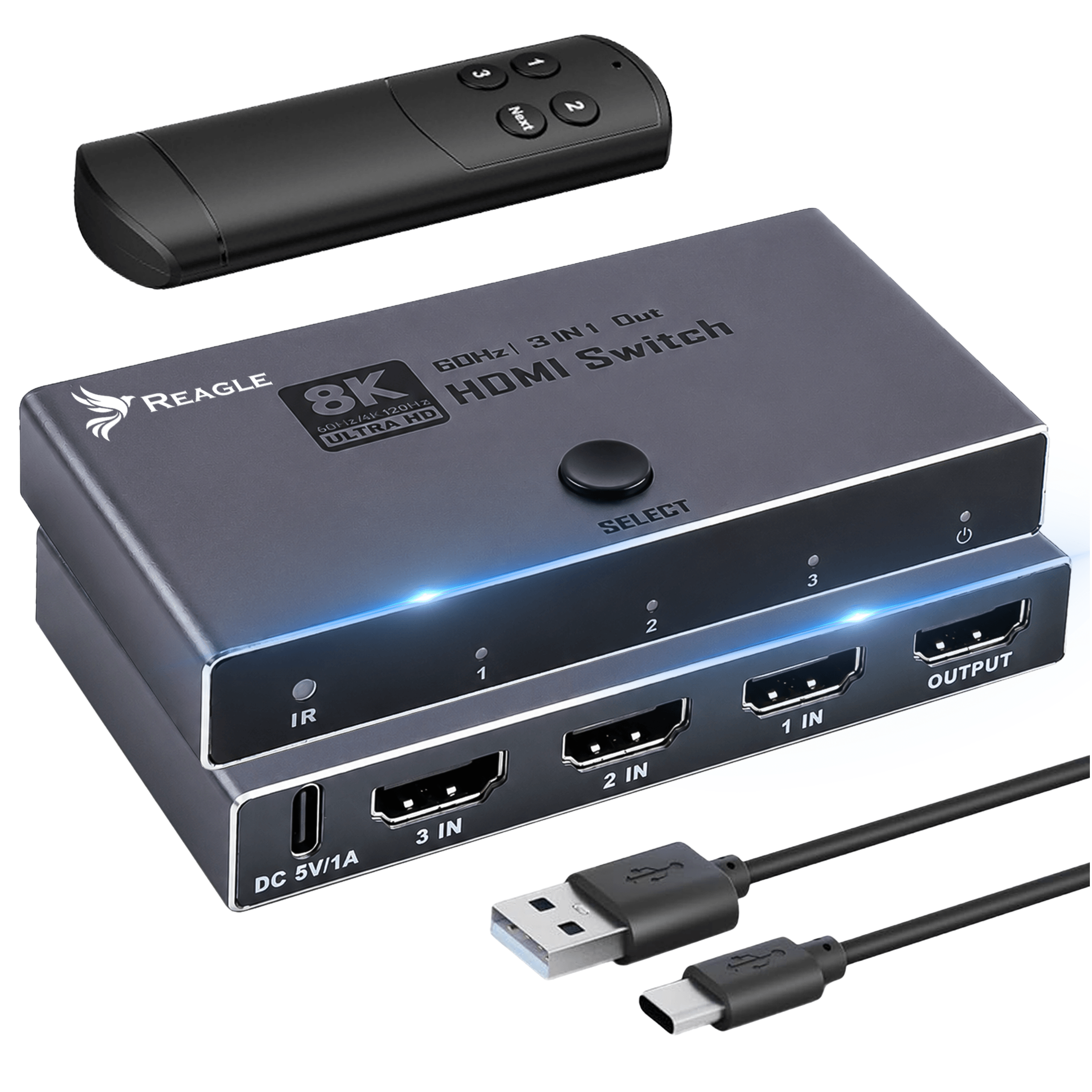 Ein schwarzer 8K HDMI Switch mit Fernbedienung, USB-C- und USB-A-Kabel.