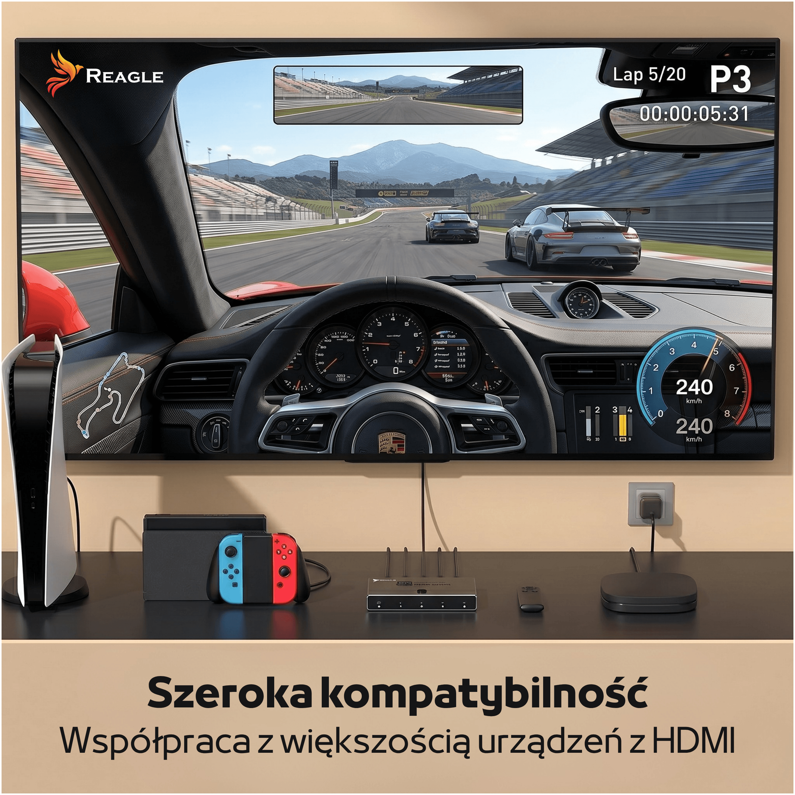 Ein Rennspiel auf einem großen Bildschirm mit Spielkonsolen und einem Router.