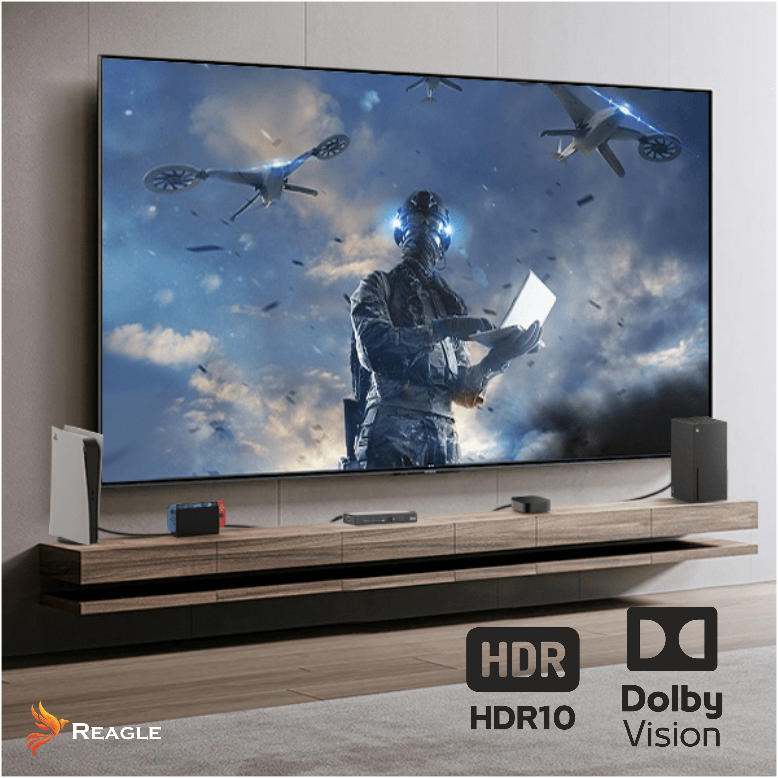 Ein Soldat in futuristischer Kleidung hält ein Tablet, Drohnen fliegen am Himmel.