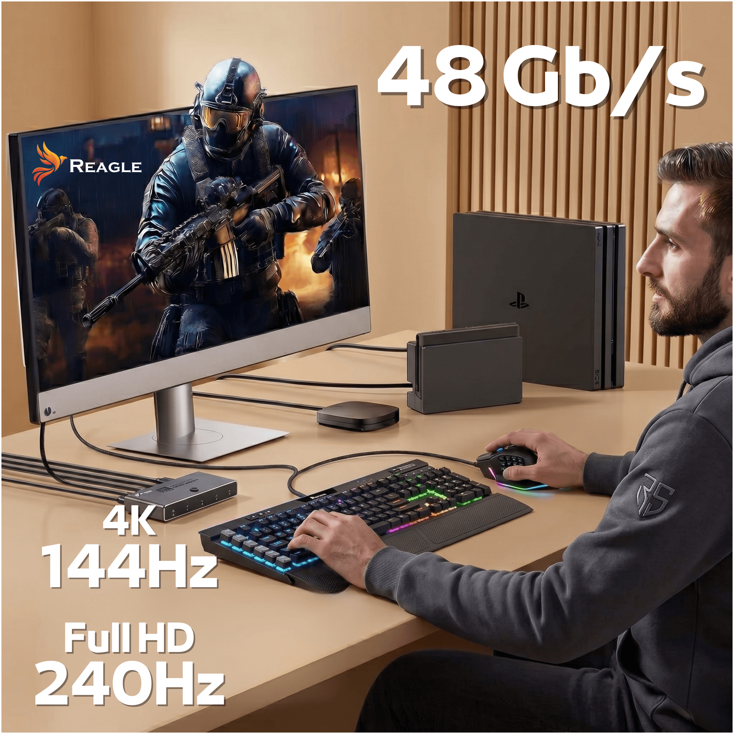 Mann spielt Videospiel auf einem Monitor mit 4K 144Hz.