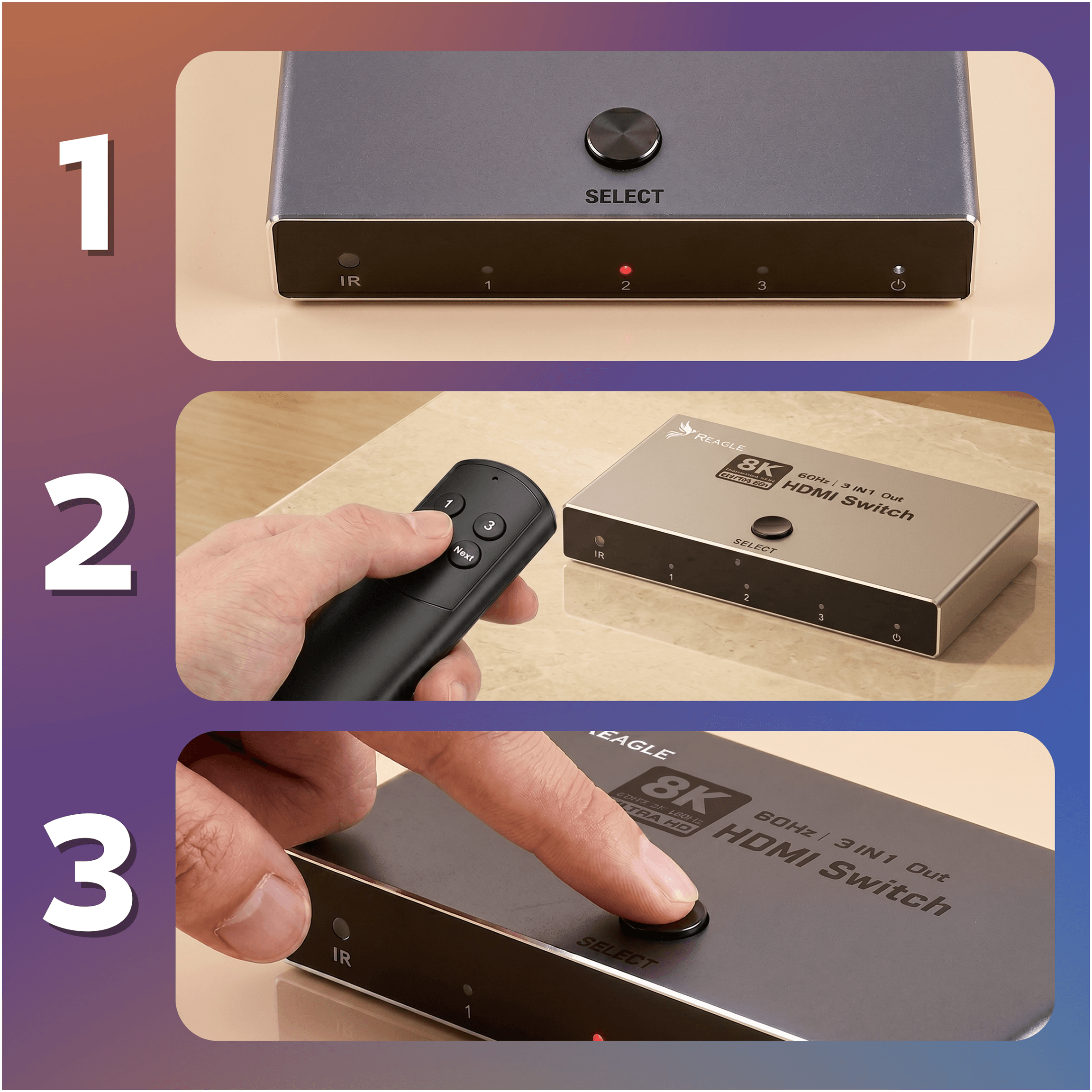 Grauer 8K HDMI Switch mit SELECT-Knopf und Anzeigeleuchten.