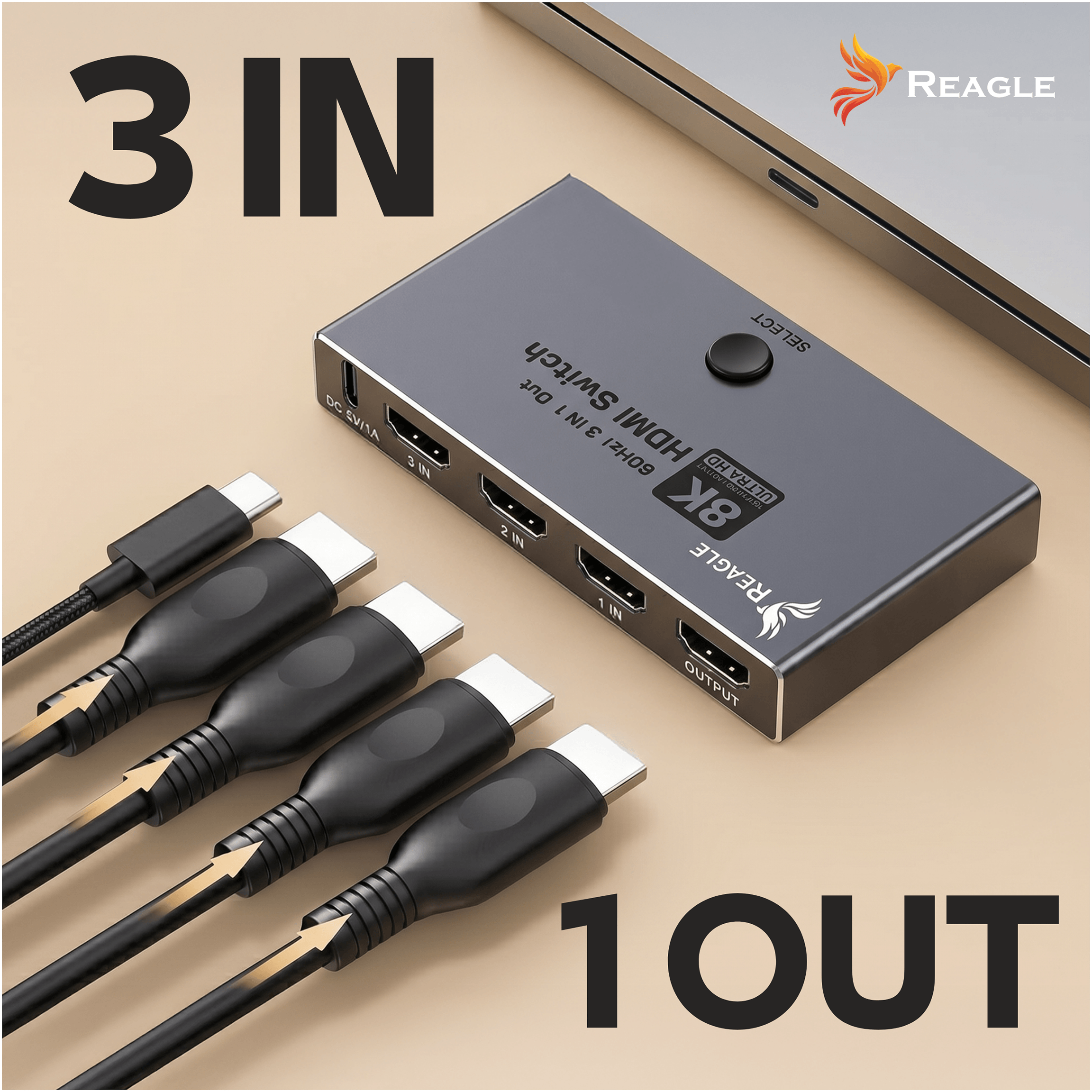 Ein grauer 8K HDMI Switch mit 3 Eingängen und 1 Ausgang, daneben liegen vier Kabel.