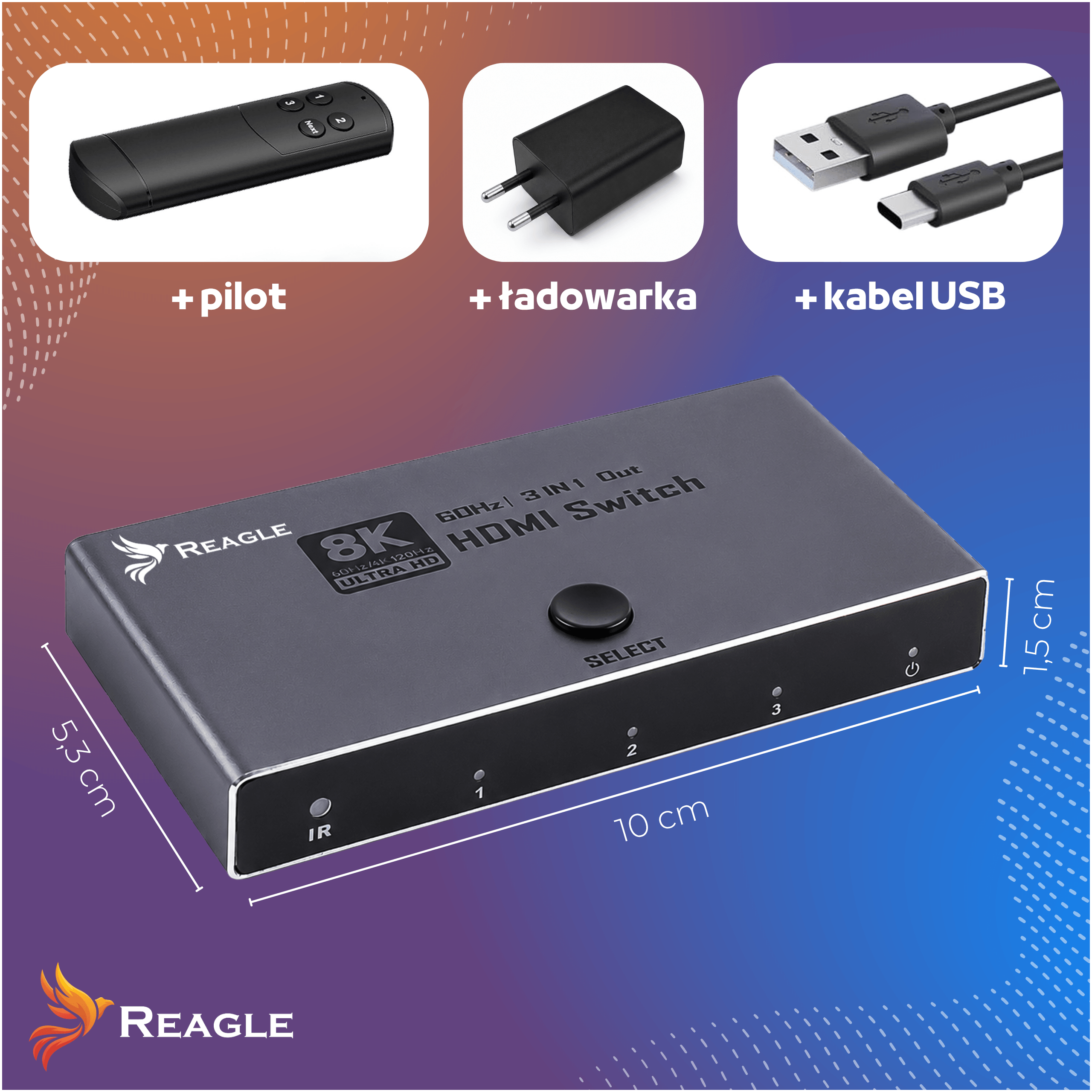 Reagle 8K HDMI Switch mit Fernbedienung, Ladegerät und USB-Kabel. Maße: 10x5,3x1,5 cm.