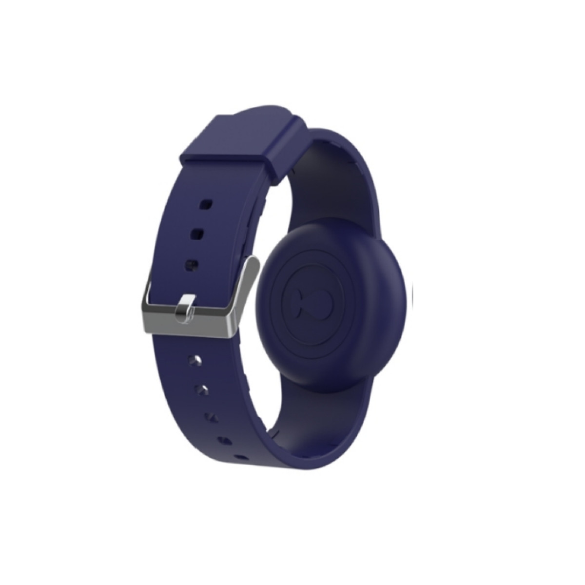 Granatowy smartwatch ze srebrną klamrą i perforowaną bransoletą.