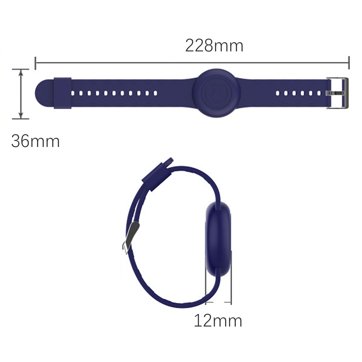 Granatowa opaska na nadgarstek o wymiarach: 228mm długości, 36mm szerokości, 12mm grubości.