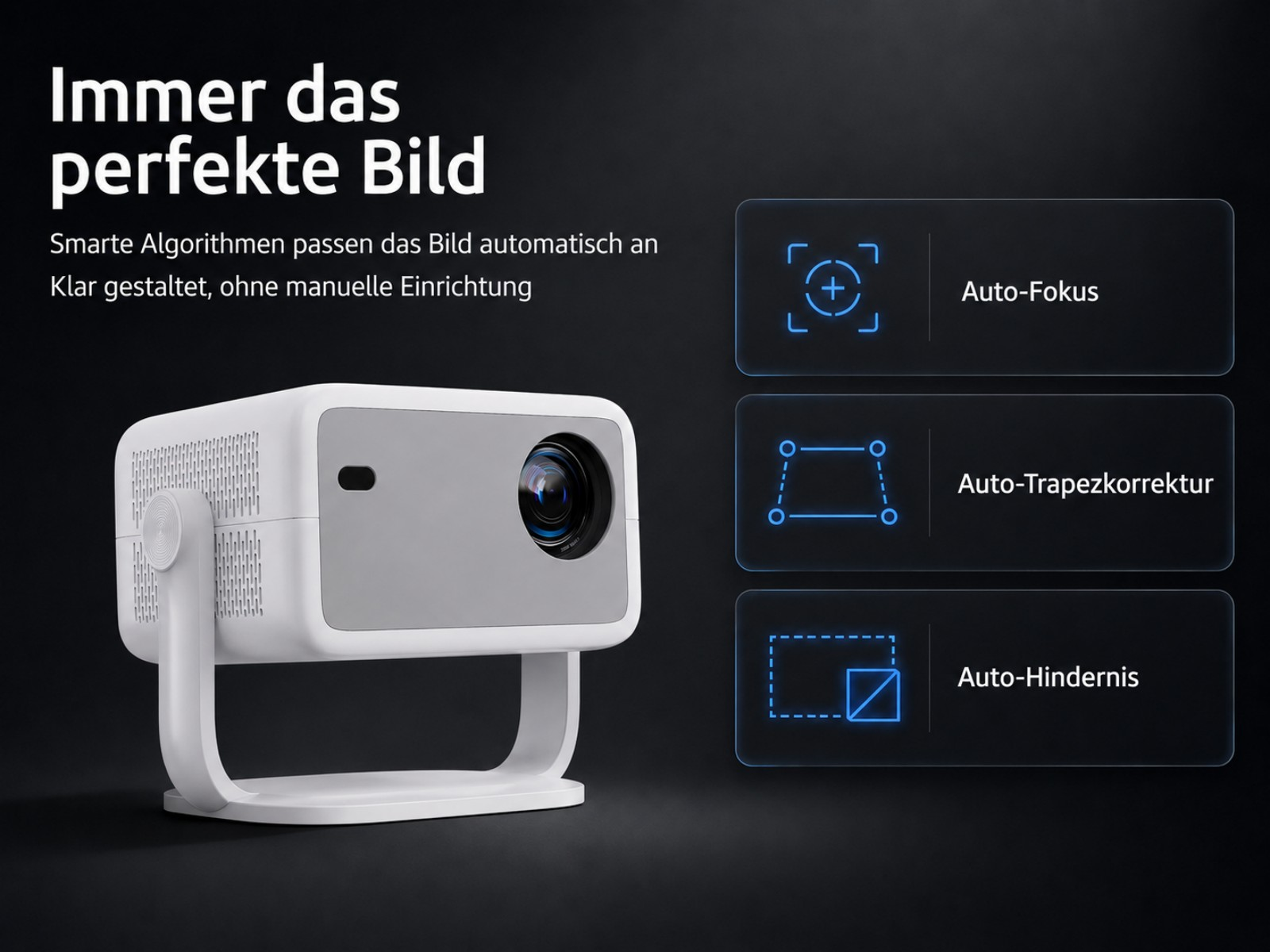 Ein weißer Projektor mit Fokus-, Trapez- und Hinderniskorrektur-Symbolen.