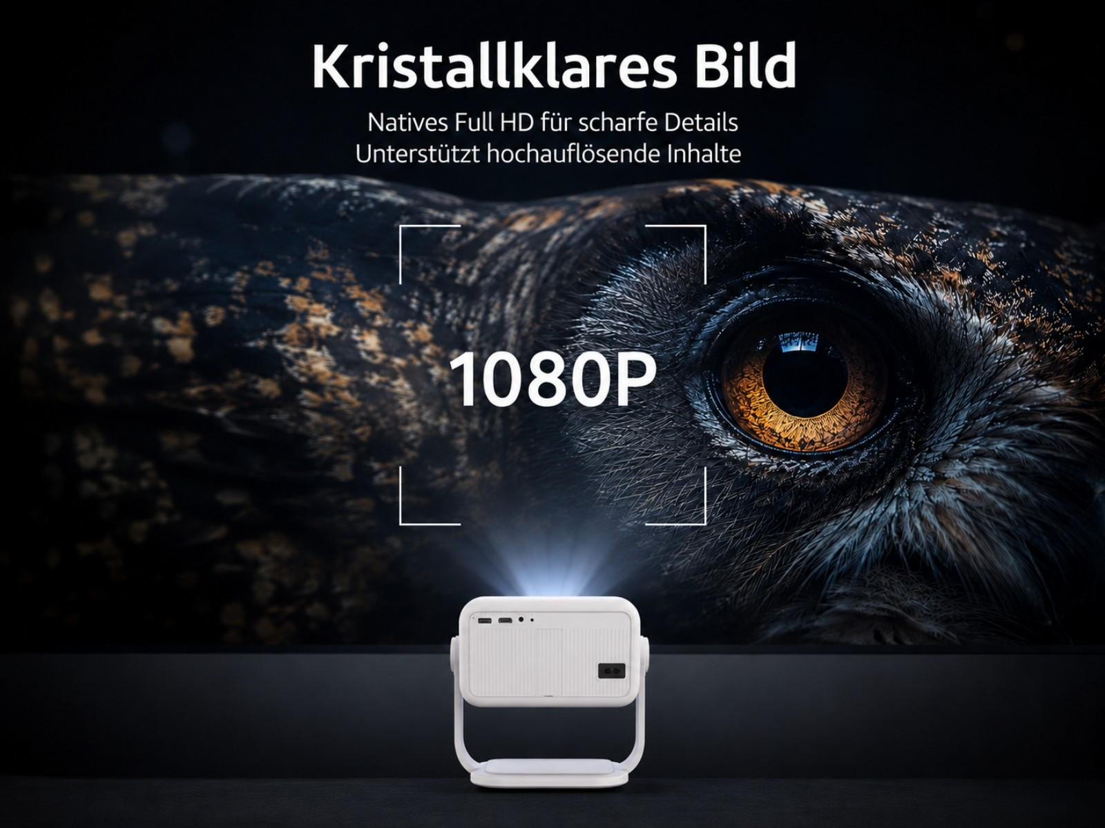 Ein weißer Projektor projiziert Licht auf ein Bild eines Uhrenauges. 1080P.