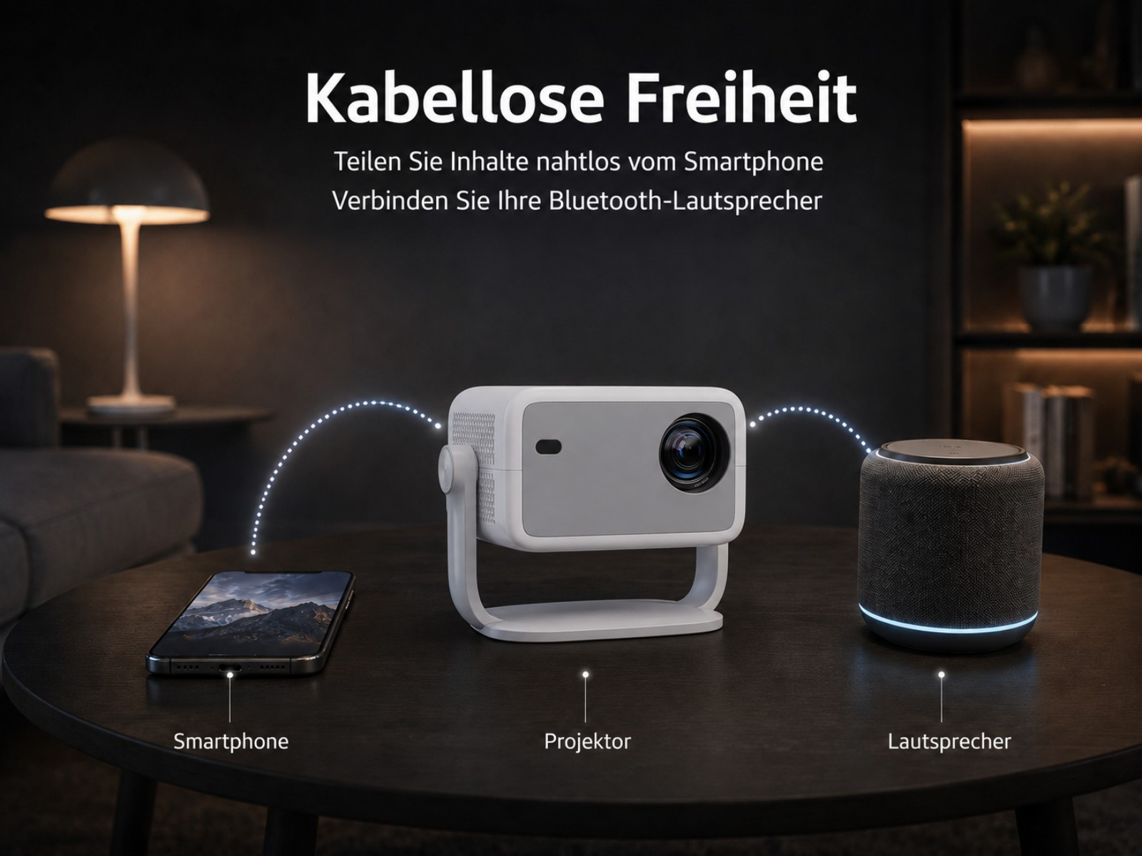 Ein weißer Projektor verbindet sich per Bluetooth mit einem Smartphone und Lautsprecher.