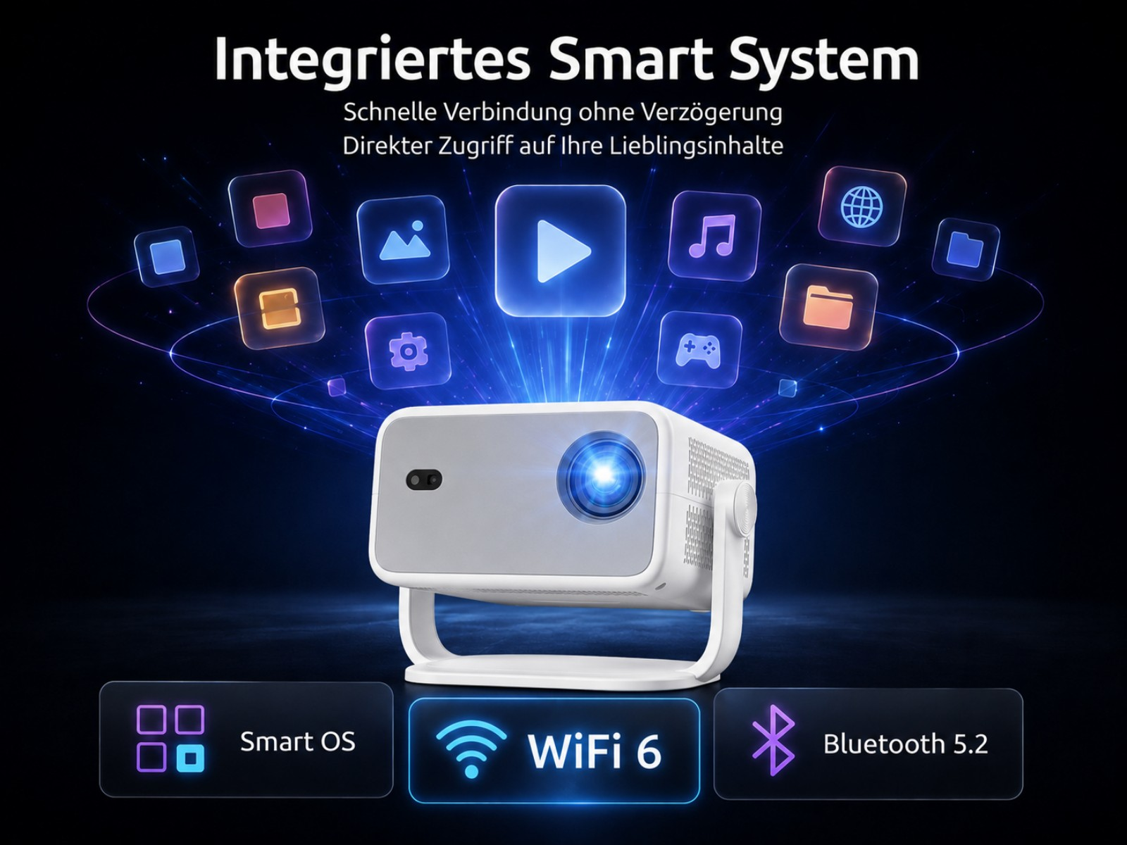 Ein weißer Projektor mit leuchtender Linse, umgeben von App-Symbolen.
